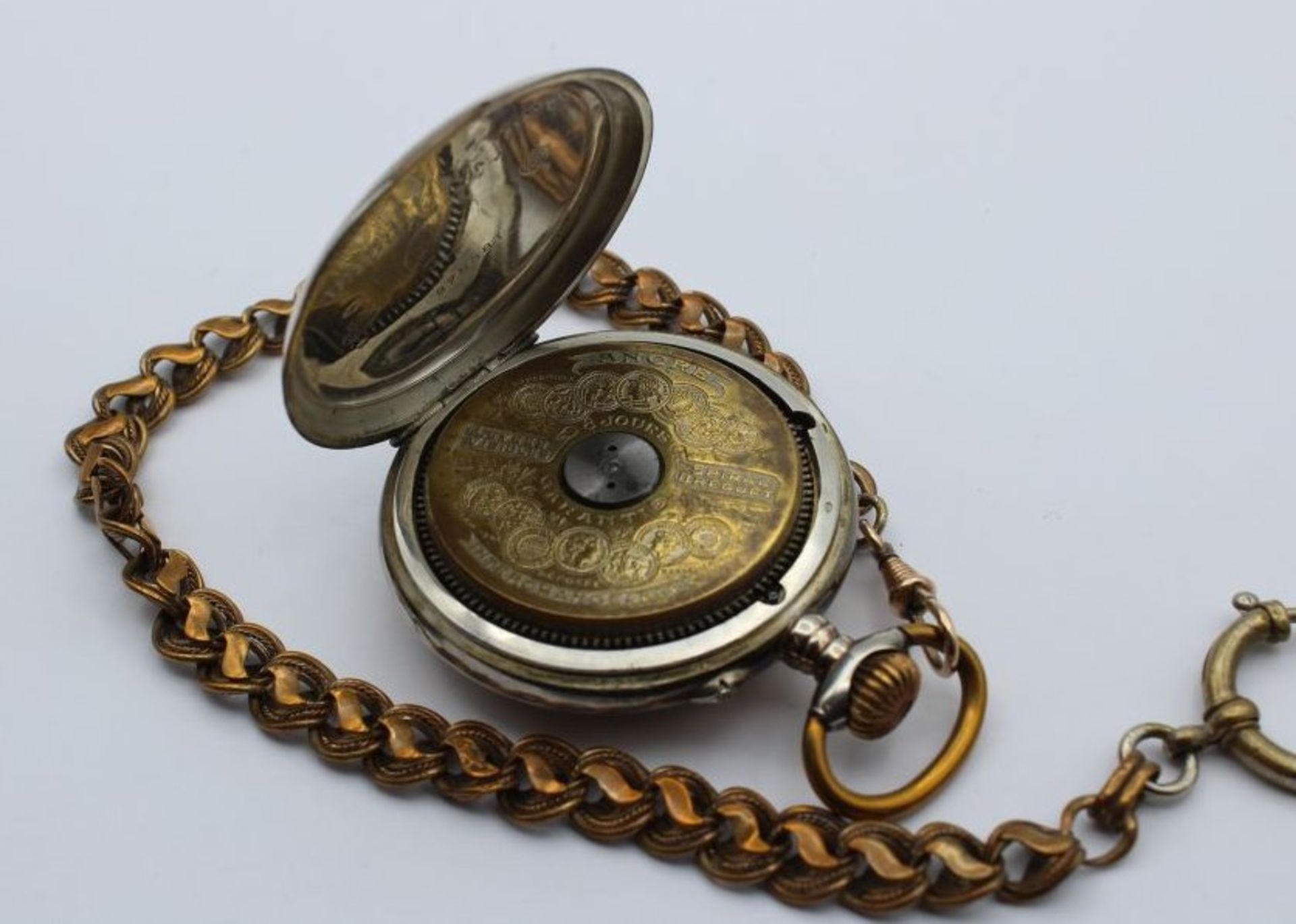 Hebdomas Taschenuhr mit 8-Tage-Werk, Schweiz um 1910, an Doublé-Kette, 800er Silbergehäuse, D-4,5cm. - Bild 3 aus 4