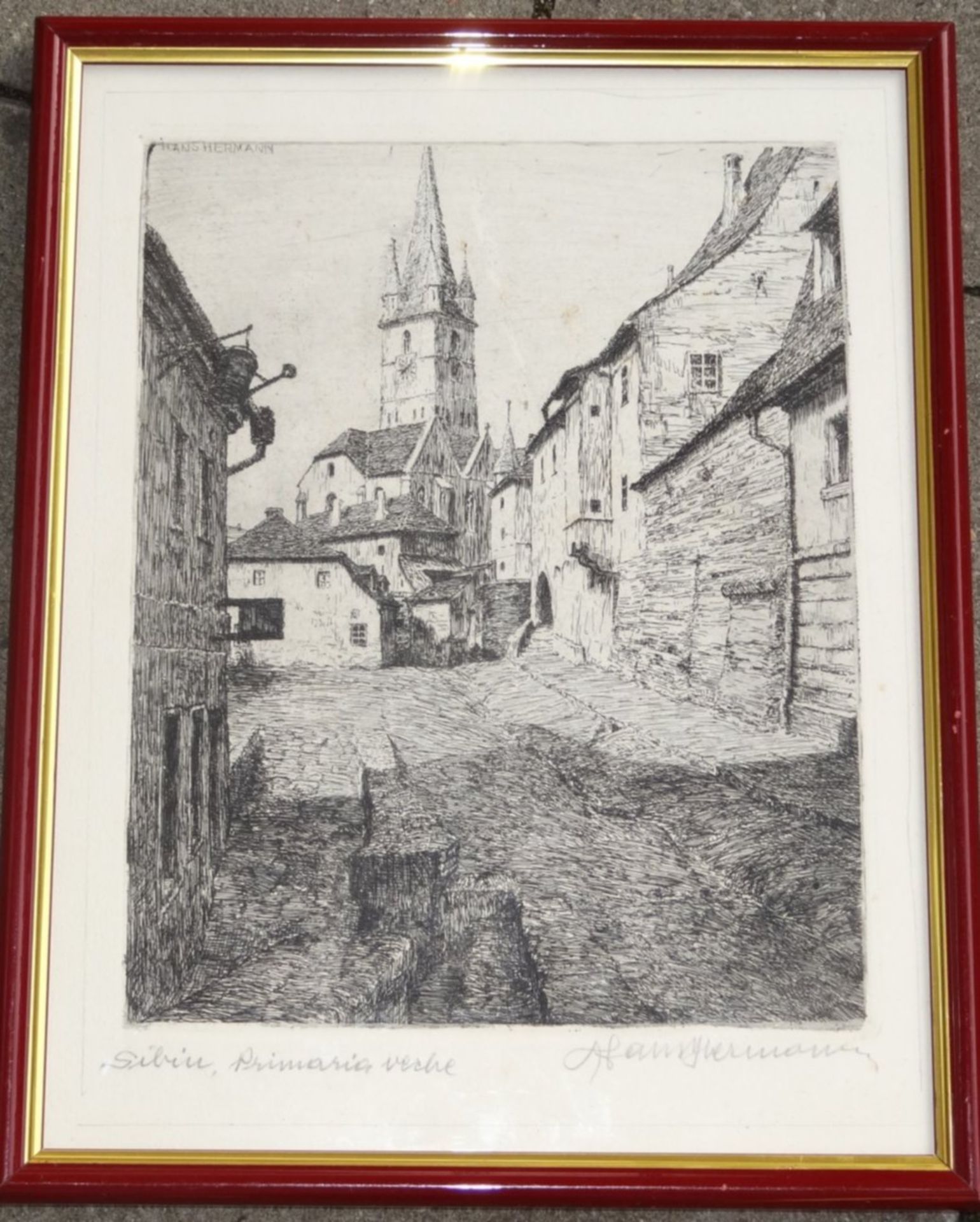 Hans HERRMANN (1858-1942) "Altstadt in Sibin" orig. Radierung, ger/Glas, RG 32x25 cm