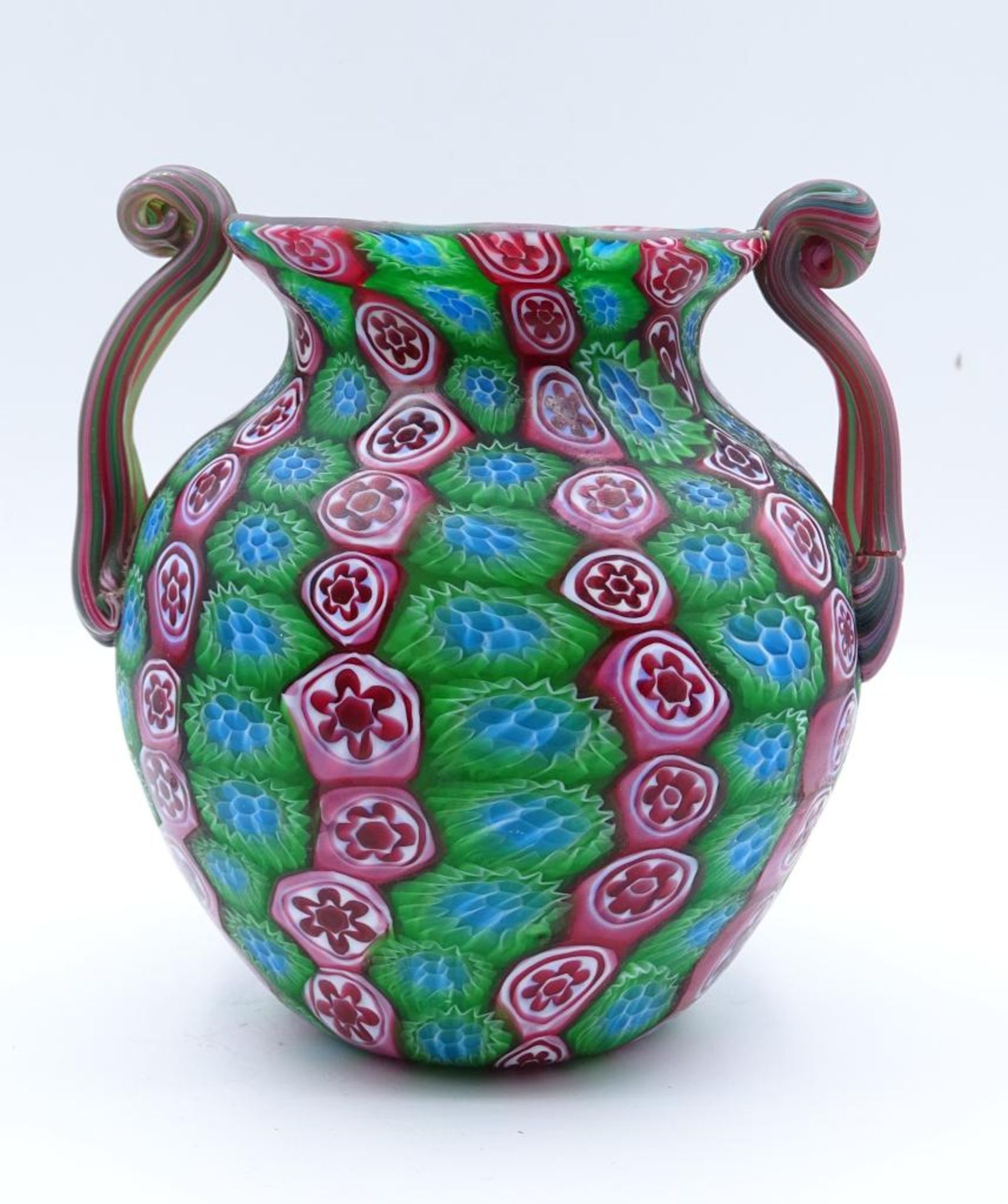 Doppelhenkelvase,Murano, "Murrine",Fratelli Toso, eine Henkelseite geklebt,H-14,5cm, - Bild 4 aus 5