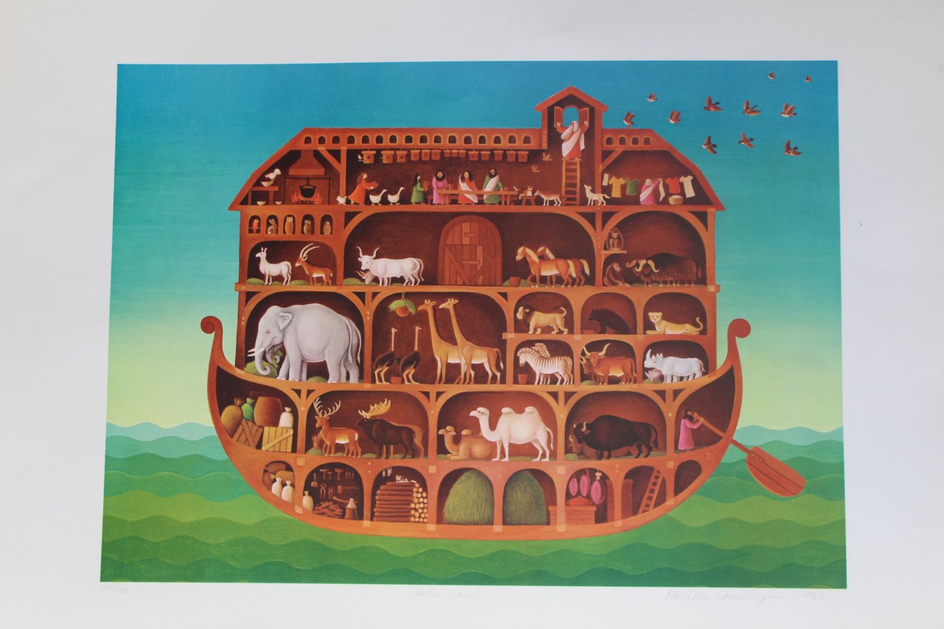 unleserl. sign. Lithografie, 1974, betitelt "Arche Noah" Nr.632/800, BG 55x70 cm - Bild 2 aus 5