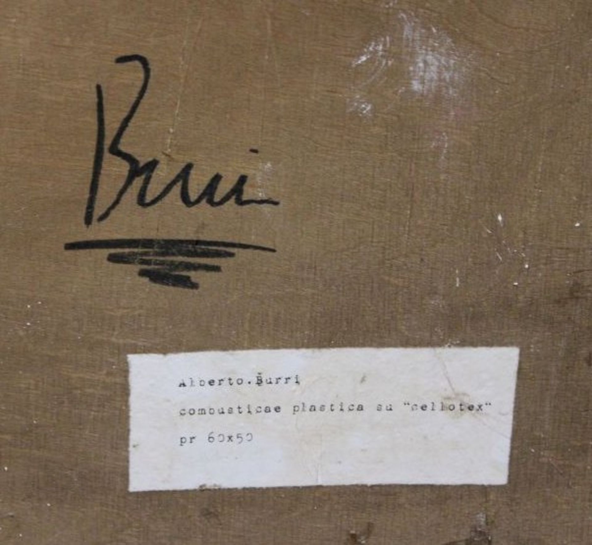 moderne Komposition, verso bezeichnet Burri sowie Etikett "Alberto Burri combusticae plastica su - Bild 4 aus 4