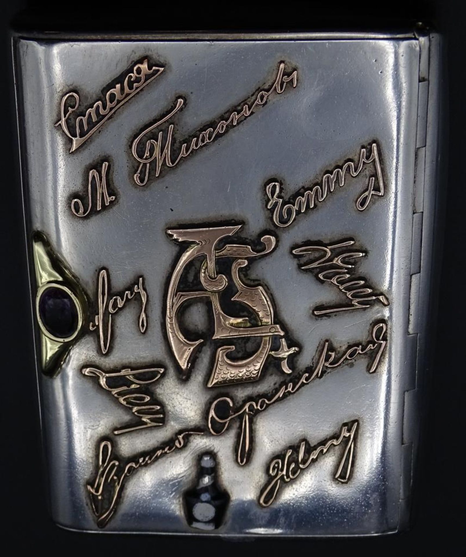 Schwere Tabakdose,Silber+Gold -84- Russland Zolonicki,Unterschriften und div.Symbole aus Gold um