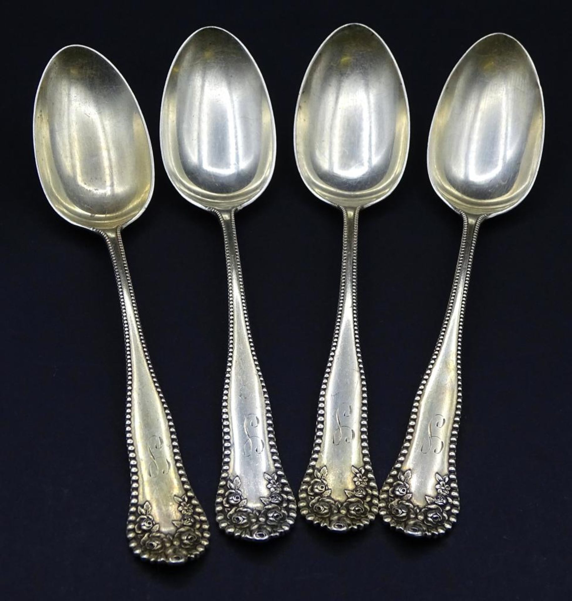 4x Sterling Silber Kaffeelöffel,Ziermonogramm,Rosendekor,L.- 13,5cm,ges.Gew.66,7gr