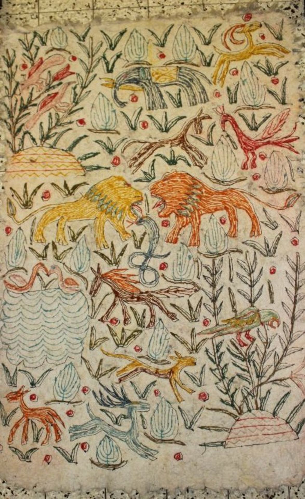 Wandteppich, wohl Asien, bestickt mit Tiermotiven, 1x kl. Loch, ca. 165 x 110cm. - Bild 2 aus 3