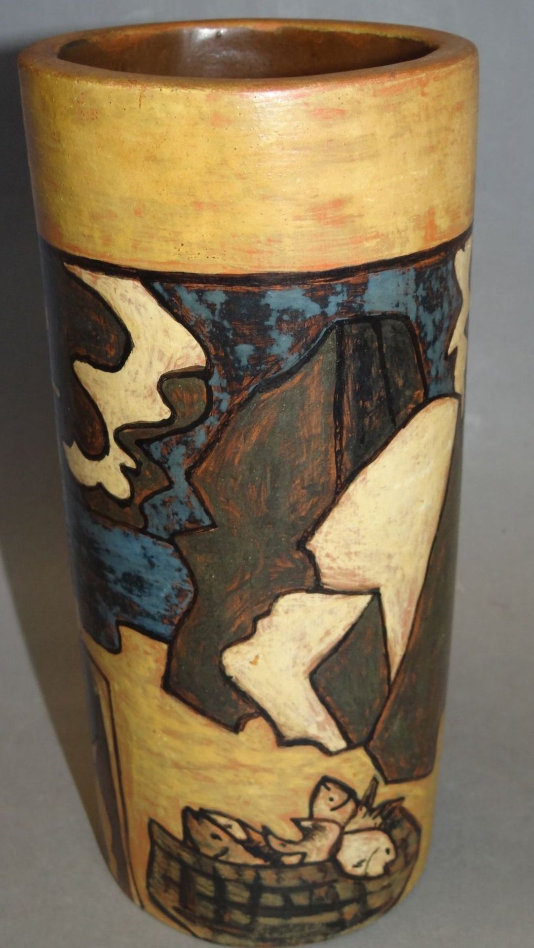 zylindrische Künstlervase mit Strandszene, in Boden signiert "D. Trelles, 75, Uruguay", H-21 cm, D- - Bild 2 aus 7