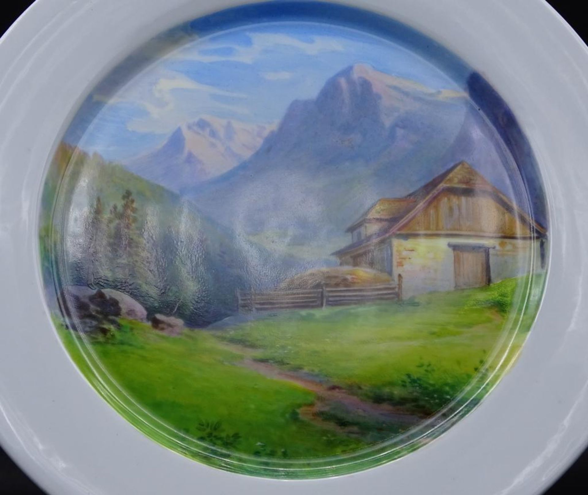 Ansichtenteller "Meissen" Alpenlandschaft, Schwertermarke, 1.Wah,lD-27 cm, - Bild 3 aus 6