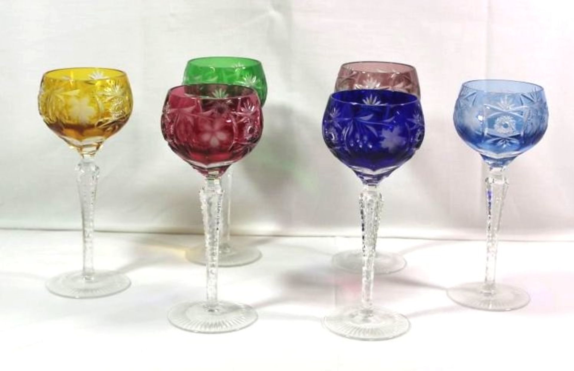 6x Buntglas-Weingläser, Kristall beschliffen, Nachtmann, H-2