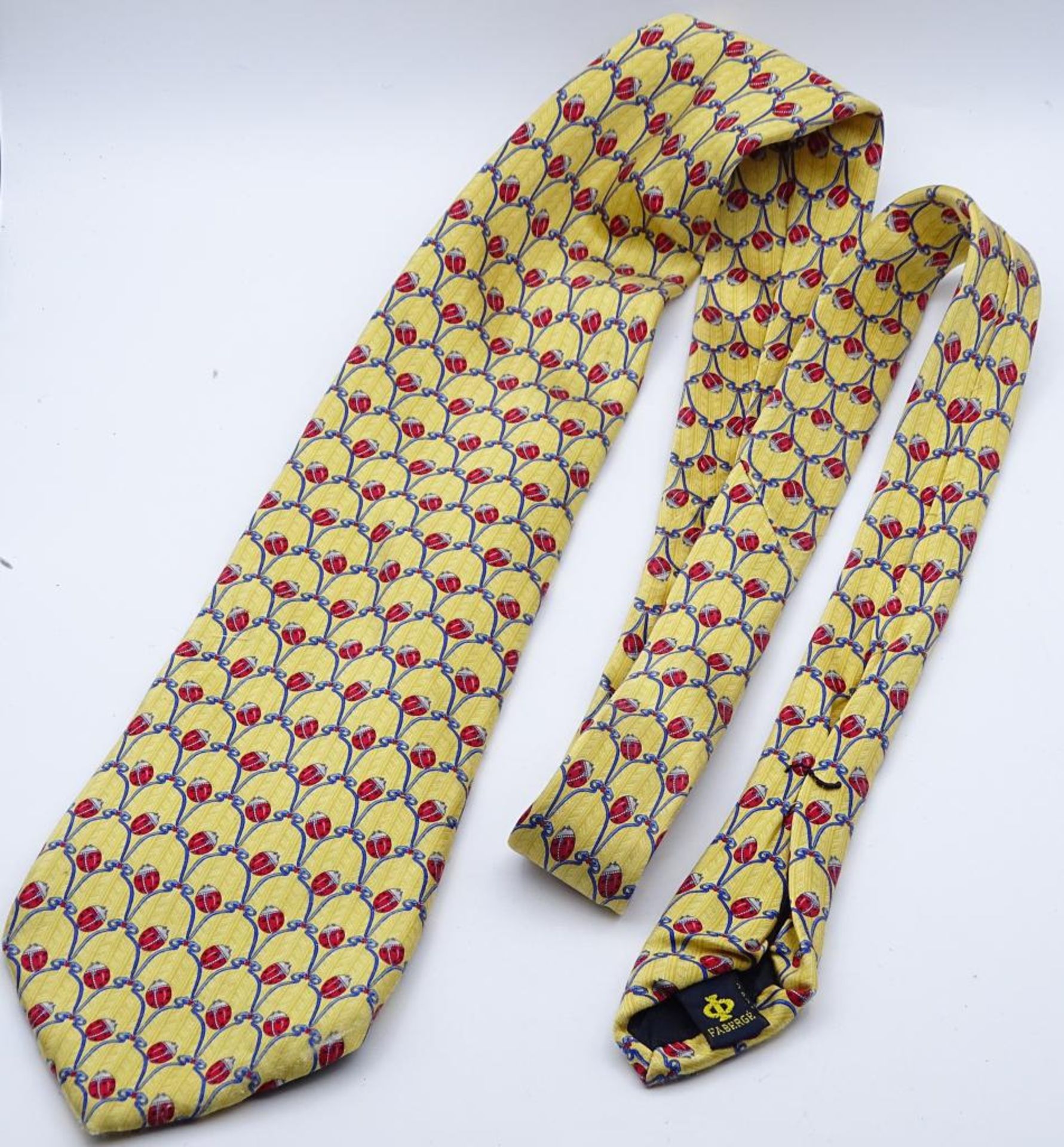 Krawatte "Faberge",Tragespuren,Maikäfer Muster,gelbfarbig,L- 144c