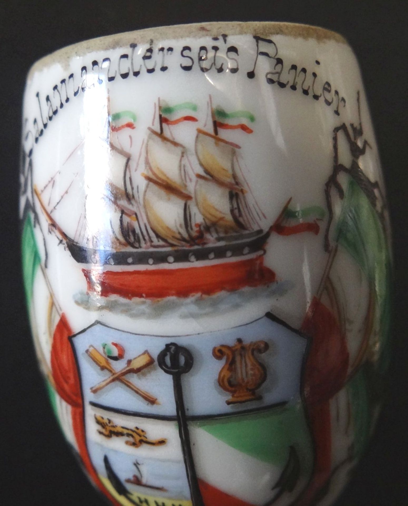 seltener studentischer Porzellan-Pfeifenkopf, mit Segelschiff-Darstellung und Wappen, beschriftet - Bild 5 aus 9