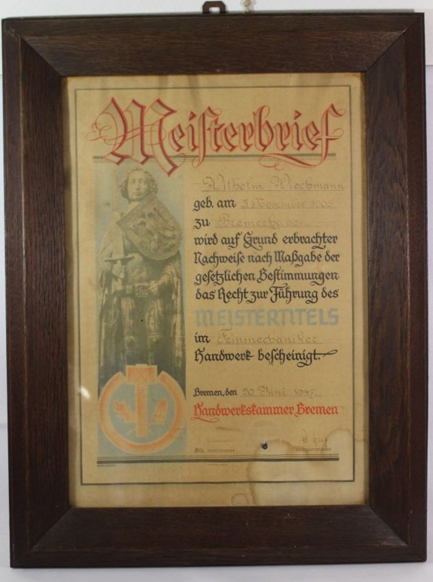 Meisterbrief von 1947 in altem Eicherahmen, RG 61 x 46cm.