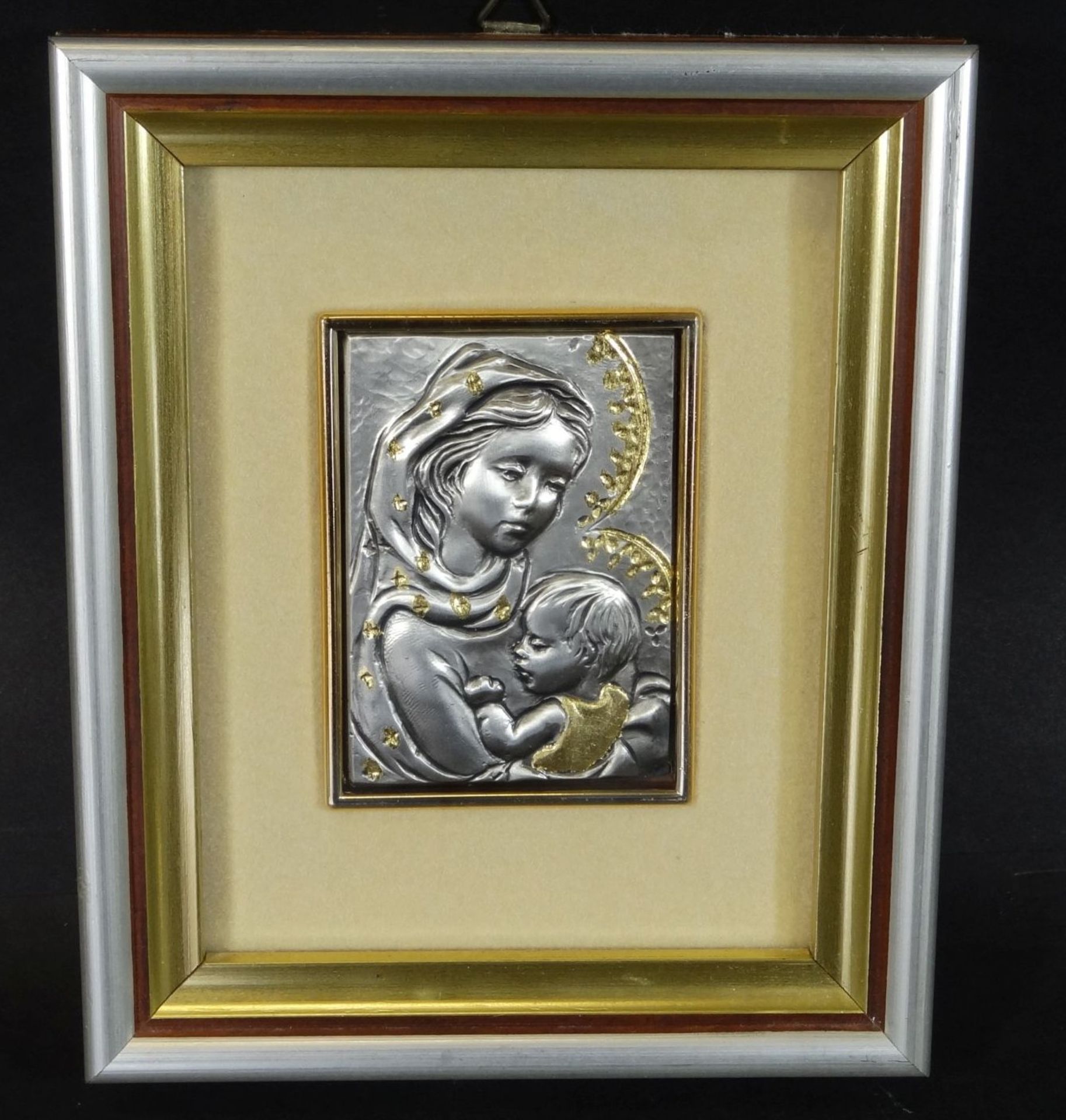 Silberbild-999- "Madonna mit Kind", tw. Goldauflage, ger/Glas, RG 15x12,5 cm
