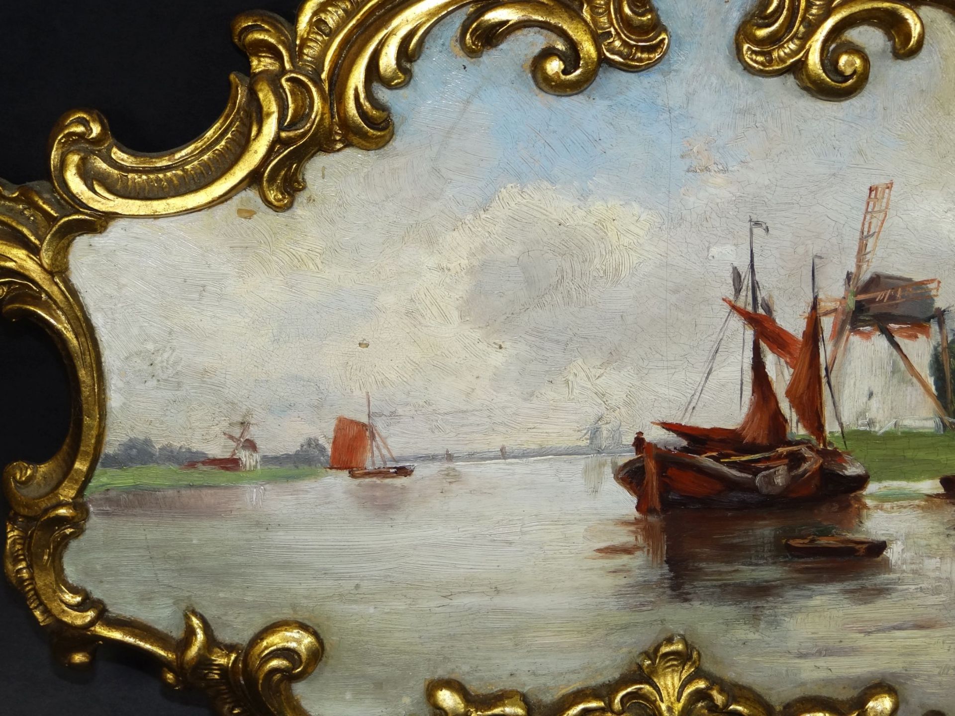 Porzellanbild "Goldscheider" handgemalt, Fischerboot, Rahmen ein Abplatzer, vergoldet, 28x40 cm, - Bild 4 aus 9