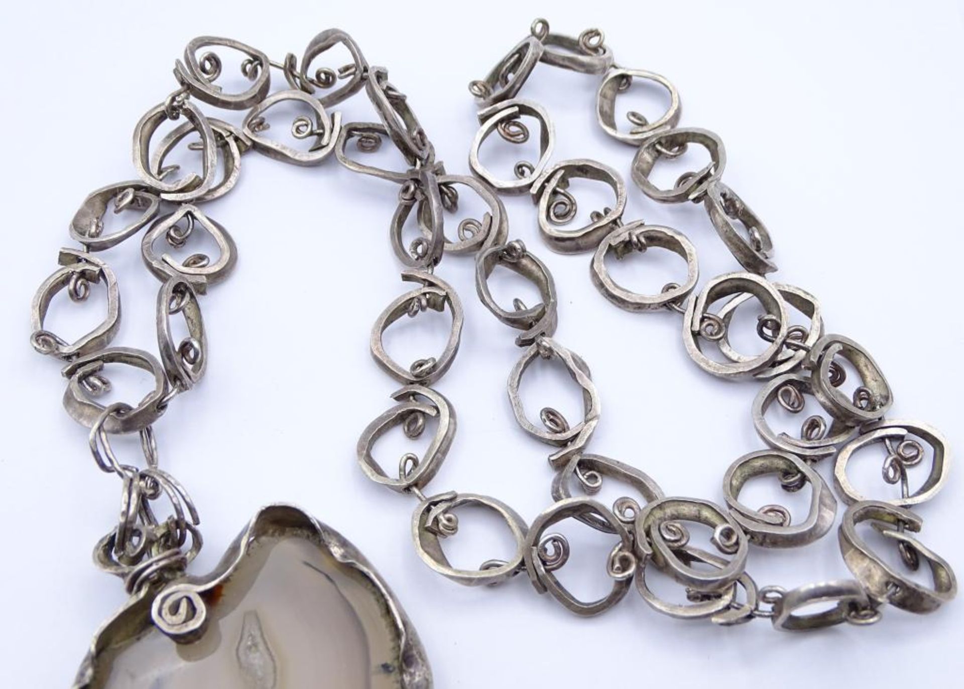 Lange ausgefallene Halskette mit Mineralscheiben Anhänger,Silber (gepr.),ca.L- 74cm, Anhänger L- - Bild 3 aus 4