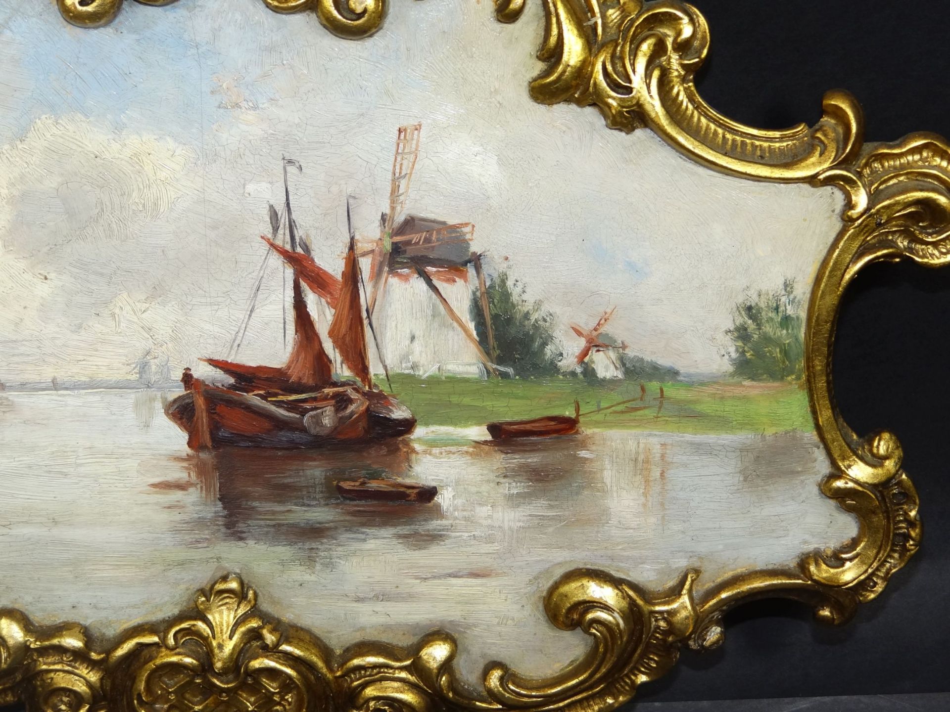 Porzellanbild "Goldscheider" handgemalt, Fischerboot, Rahmen ein Abplatzer, vergoldet, 28x40 cm, - Bild 3 aus 9