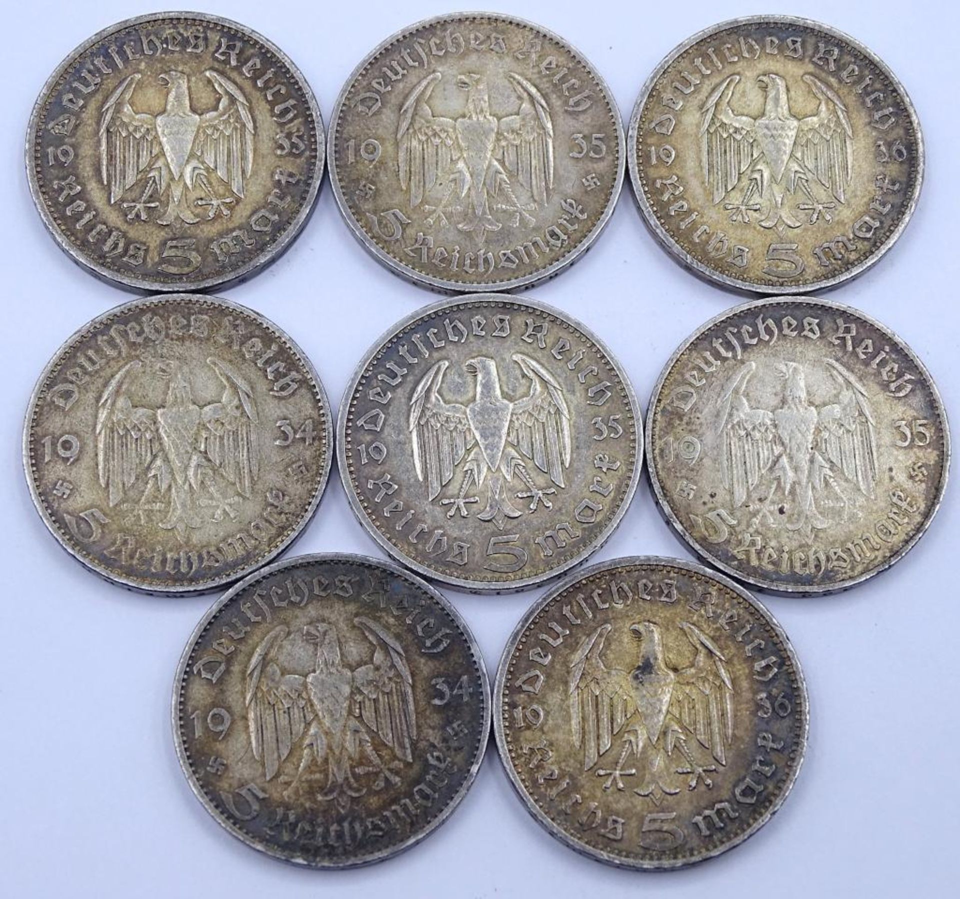 Konvolut 5 Reichsmark Münzen, Deutsches Reich,1934/35/36, 8 Stück,Silb