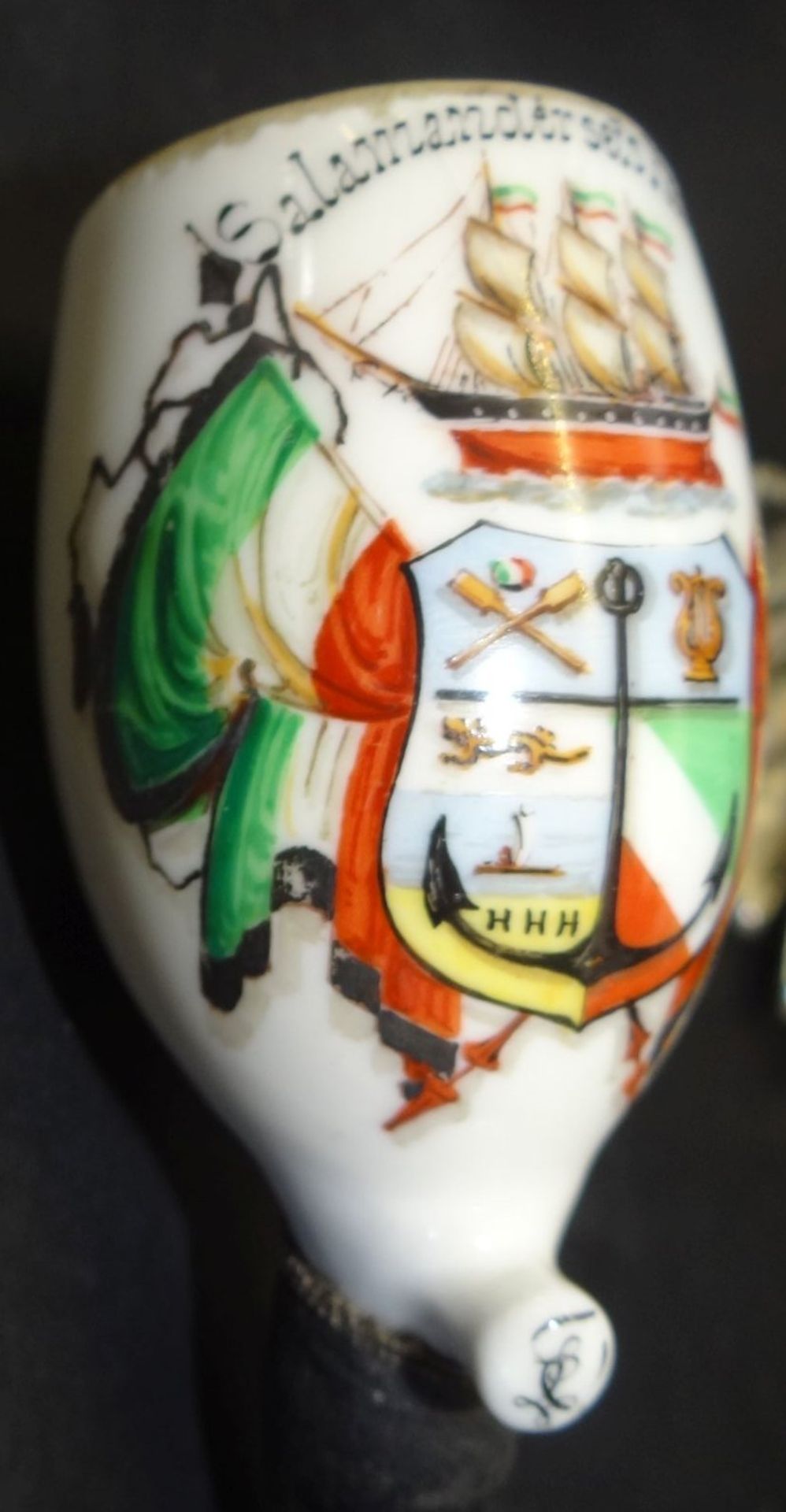 seltener studentischer Porzellan-Pfeifenkopf, mit Segelschiff-Darstellung und Wappen, beschriftet - Bild 3 aus 9