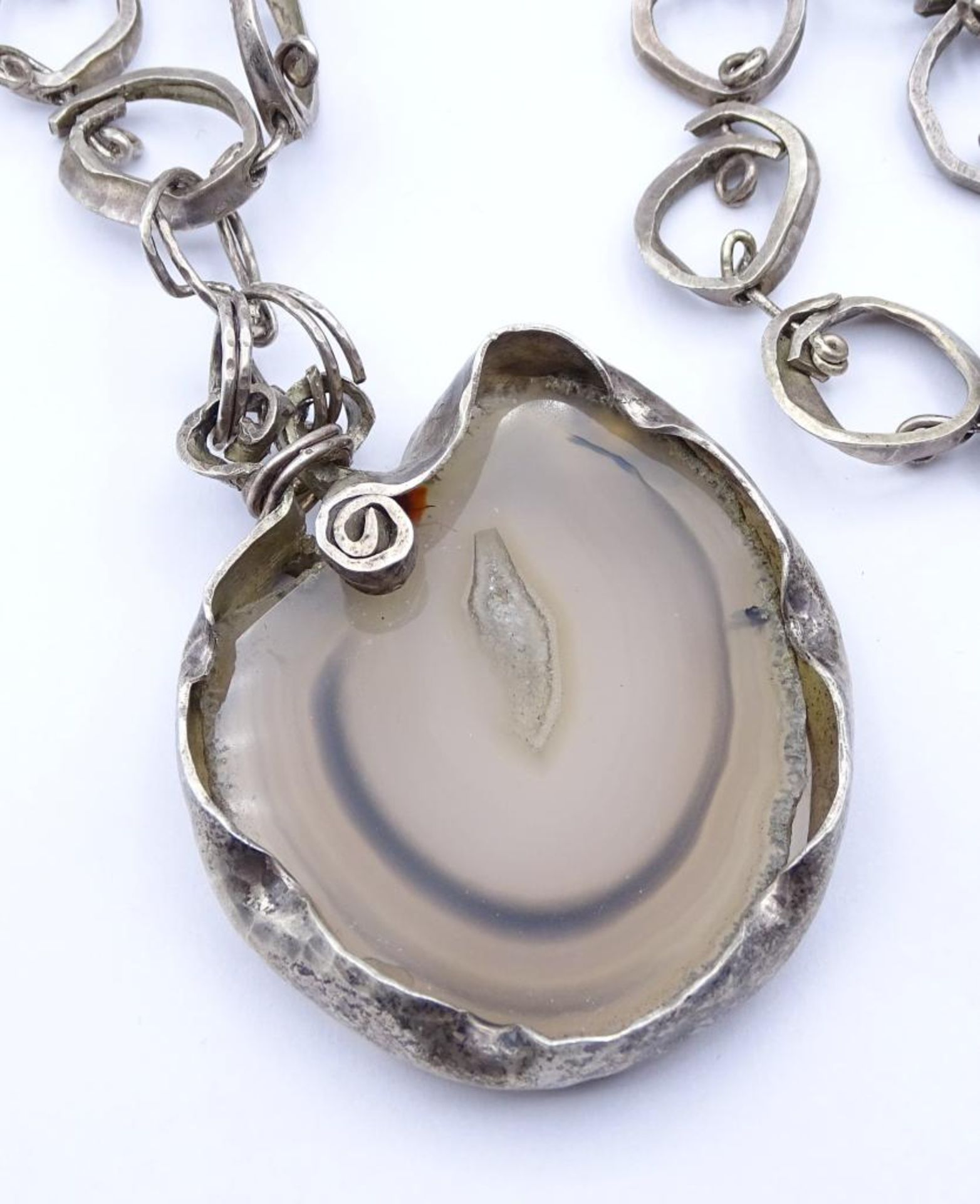 Lange ausgefallene Halskette mit Mineralscheiben Anhänger,Silber (gepr.),ca.L- 74cm, Anhänger L- - Bild 2 aus 4