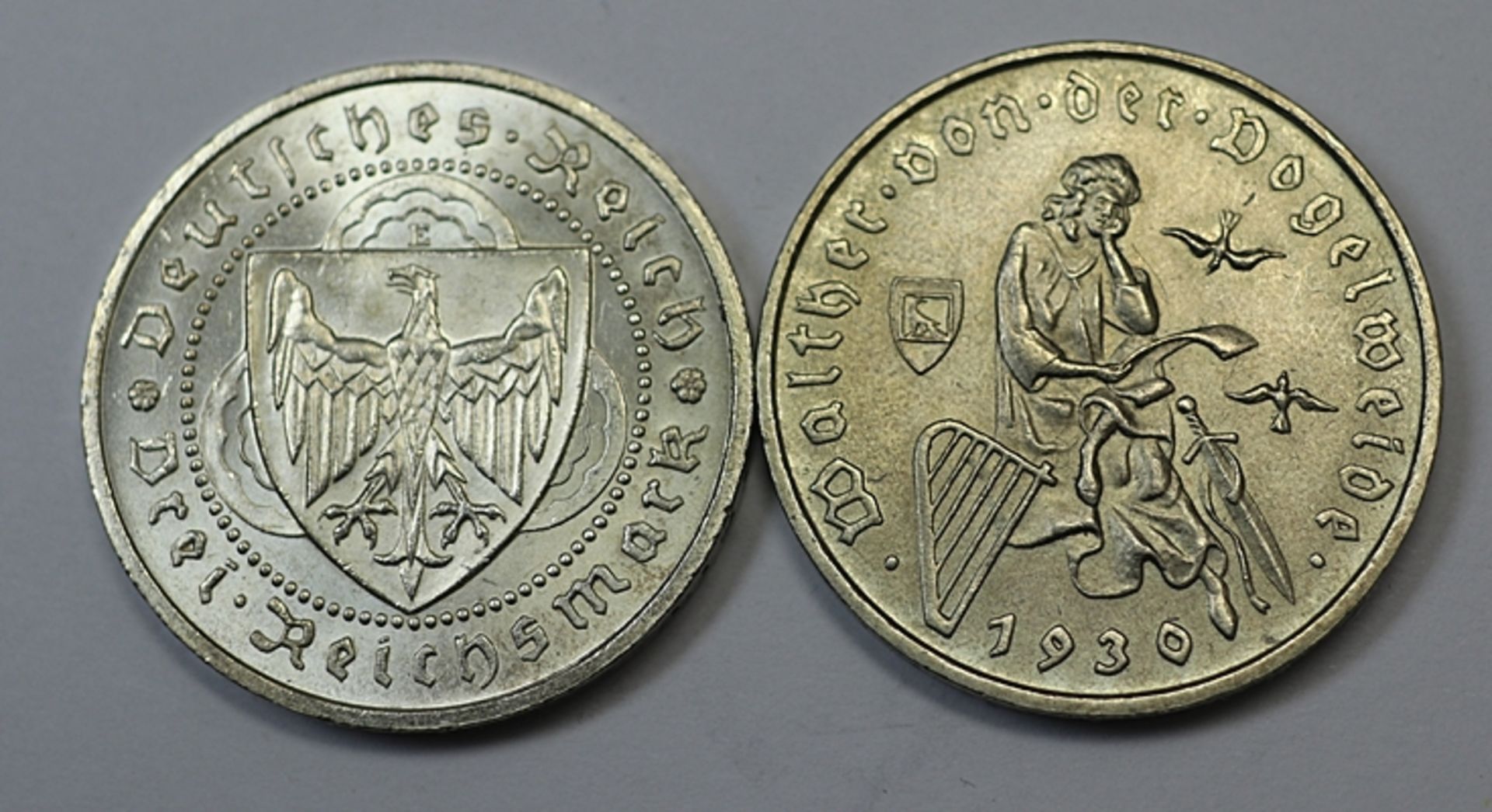 3 Reichsmark, Deutsches Reich, Vogelweide 1930 D+E, vz. zus. 29,87 gr.