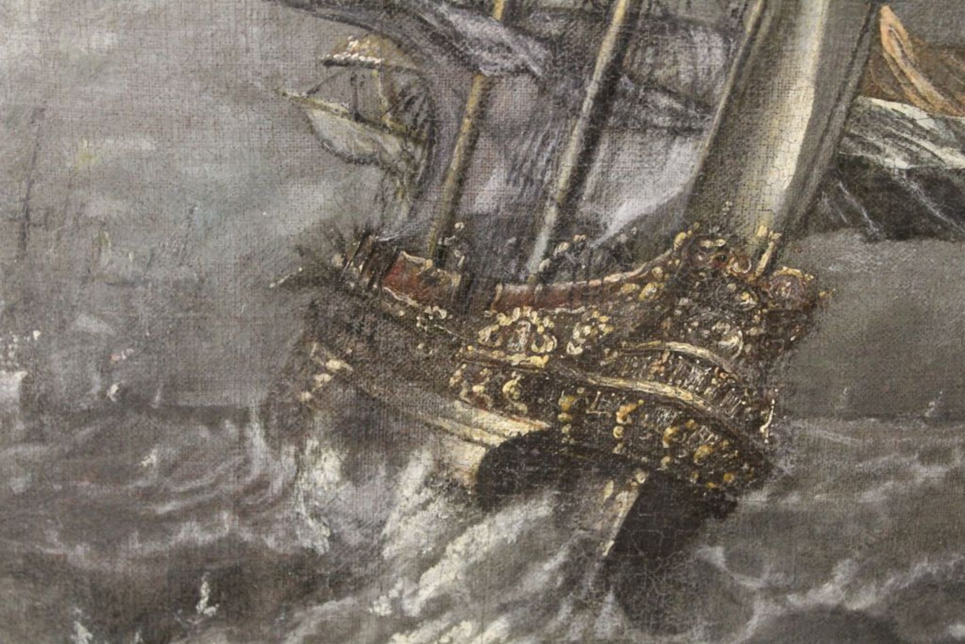 niederländischer Marinemaler des 18. Jhd., Schiffe in schwerer See, Öl/Leinwand, verso Zettel " - Bild 2 aus 7