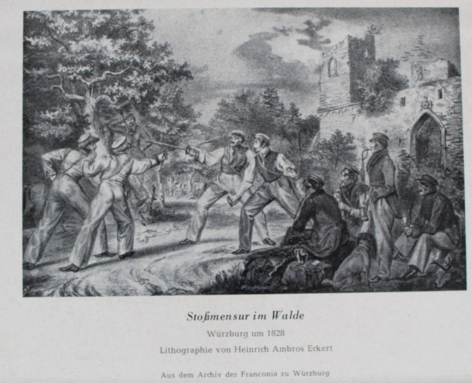 kl. Kunstdruck "Stoßmensur im Walde" Würzburg um 1828, ger/Glas, 17x23