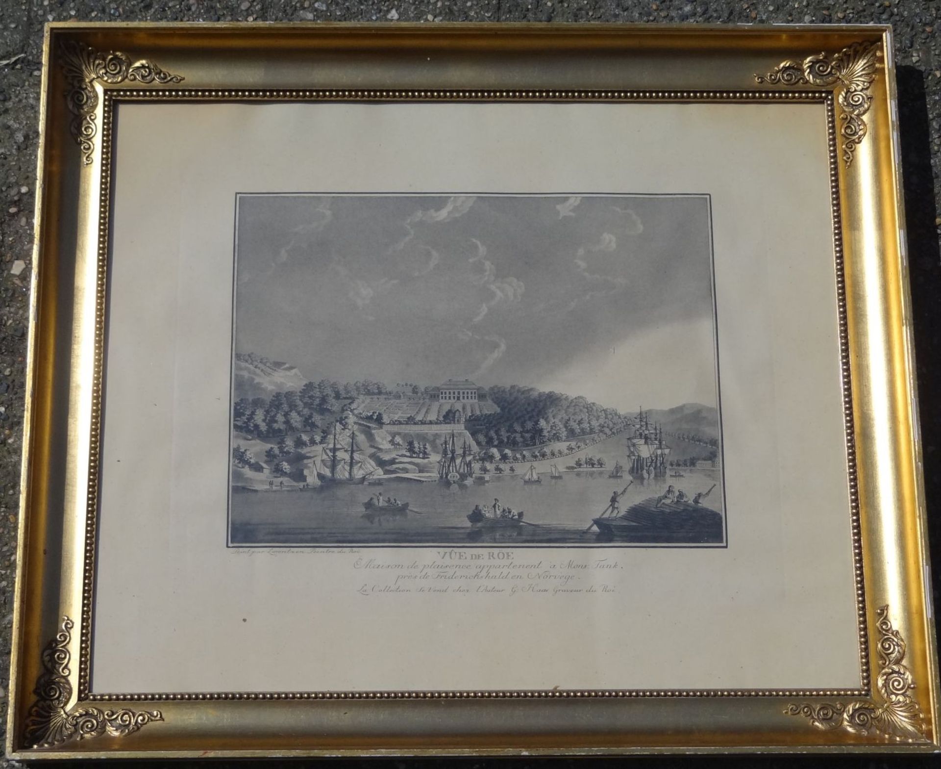 Ansichtenstich um 1750 "Vue de Röe" bei Friderickshalden (heute Halden in Norwegen), alt ger/Glas, - Bild 2 aus 6