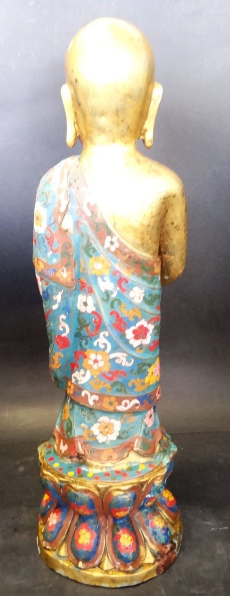 grosser, betender Bronze Buddha, floral bemalt, ungepflegter Kellerfund, fleckig und mit Grünspan, - Bild 5 aus 9