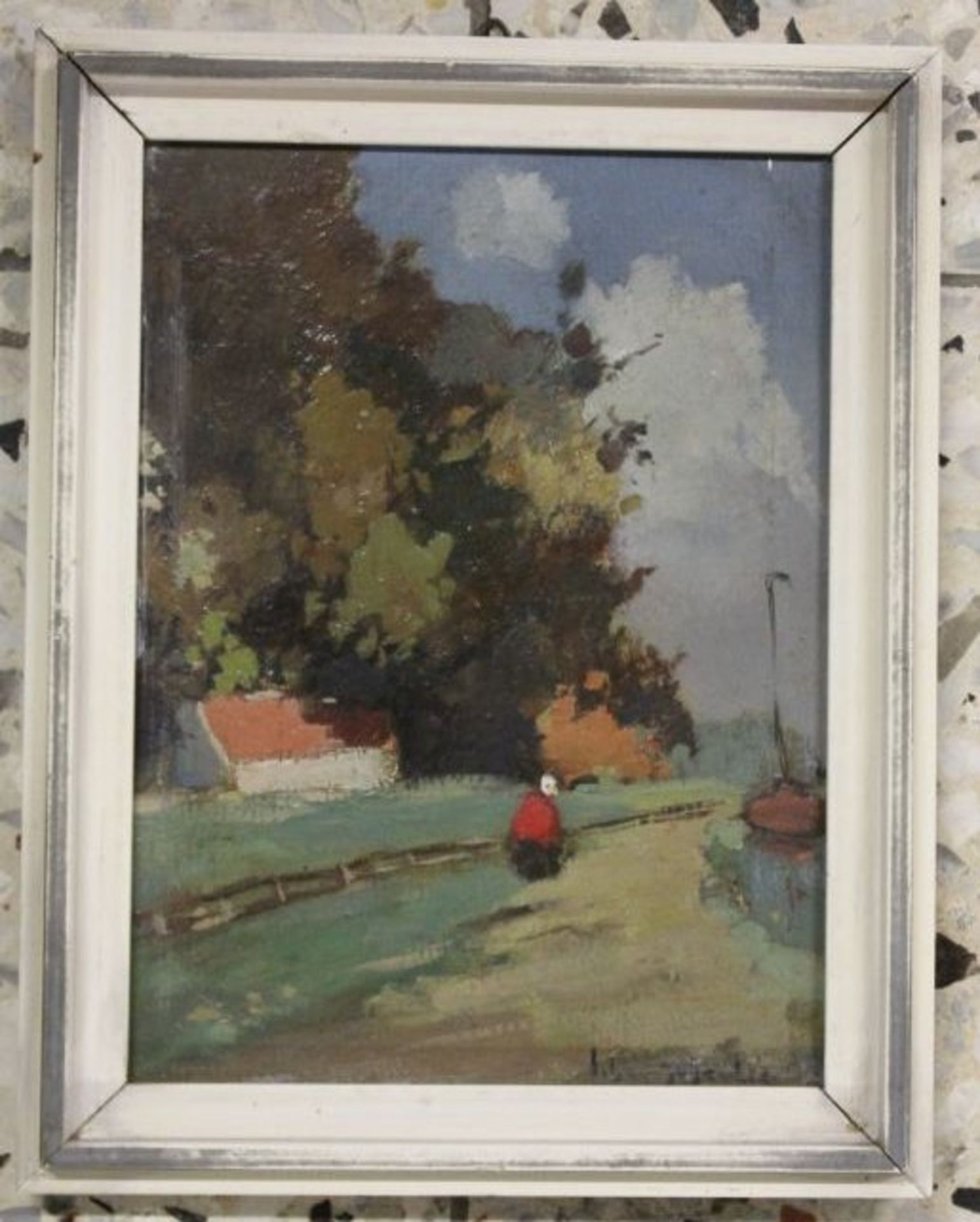 Johan SCHOUTEN (1910-1982), Landschaft mit Person, Öl/Platte, gerahmt, RG 21 x 16cm. - Bild 3 aus 3