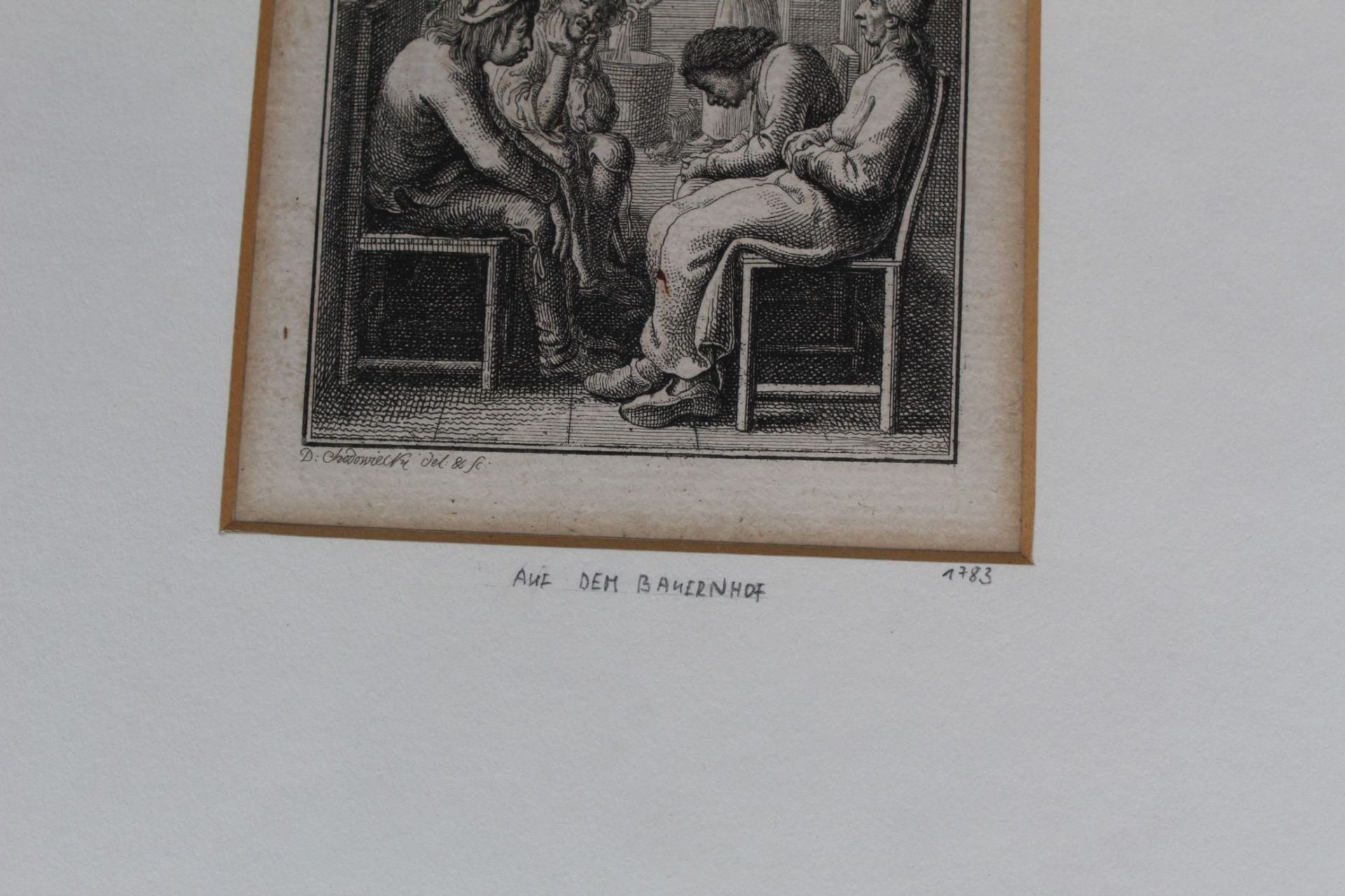 DANIEL NIKOLAUS CHODOWIECKI, 1783 (1726-1801), KUPFERSTICH "Auf dem Bauernhof", 12x7,5 cm, ger/Glas, - Image 3 of 3