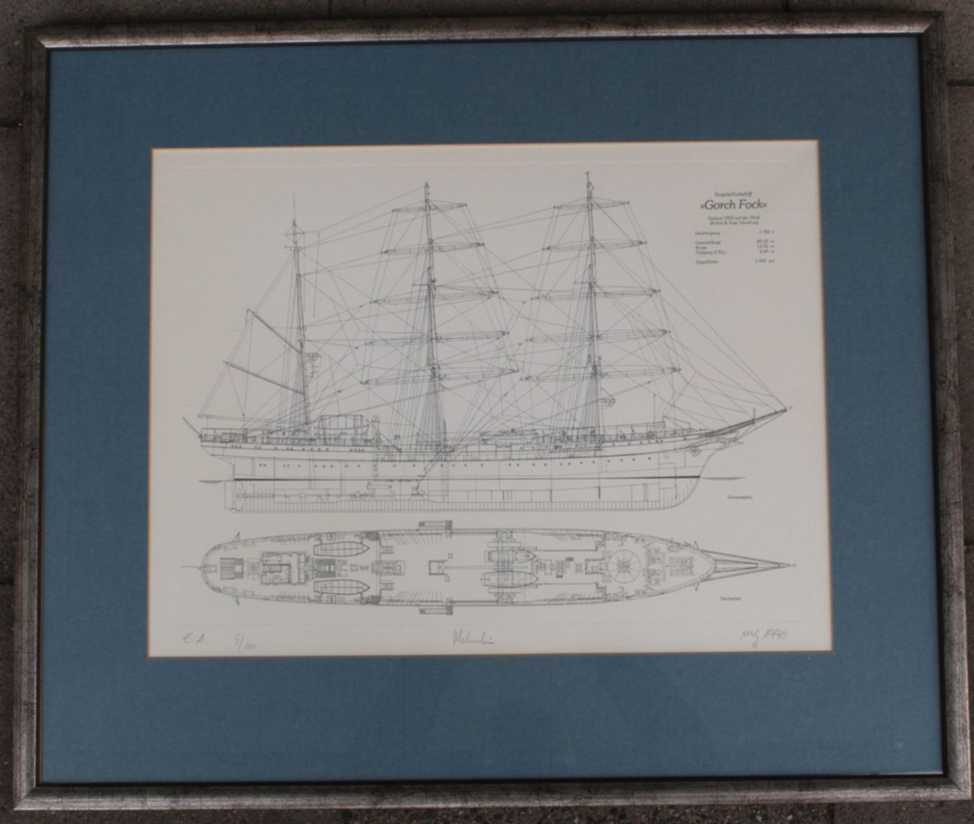 unleserl. sign. grosse Radierung "Gorch Fock" Decksplan+Generalplan, 9/100, E.A., ger/Glas, RG 58x70 - Bild 2 aus 8