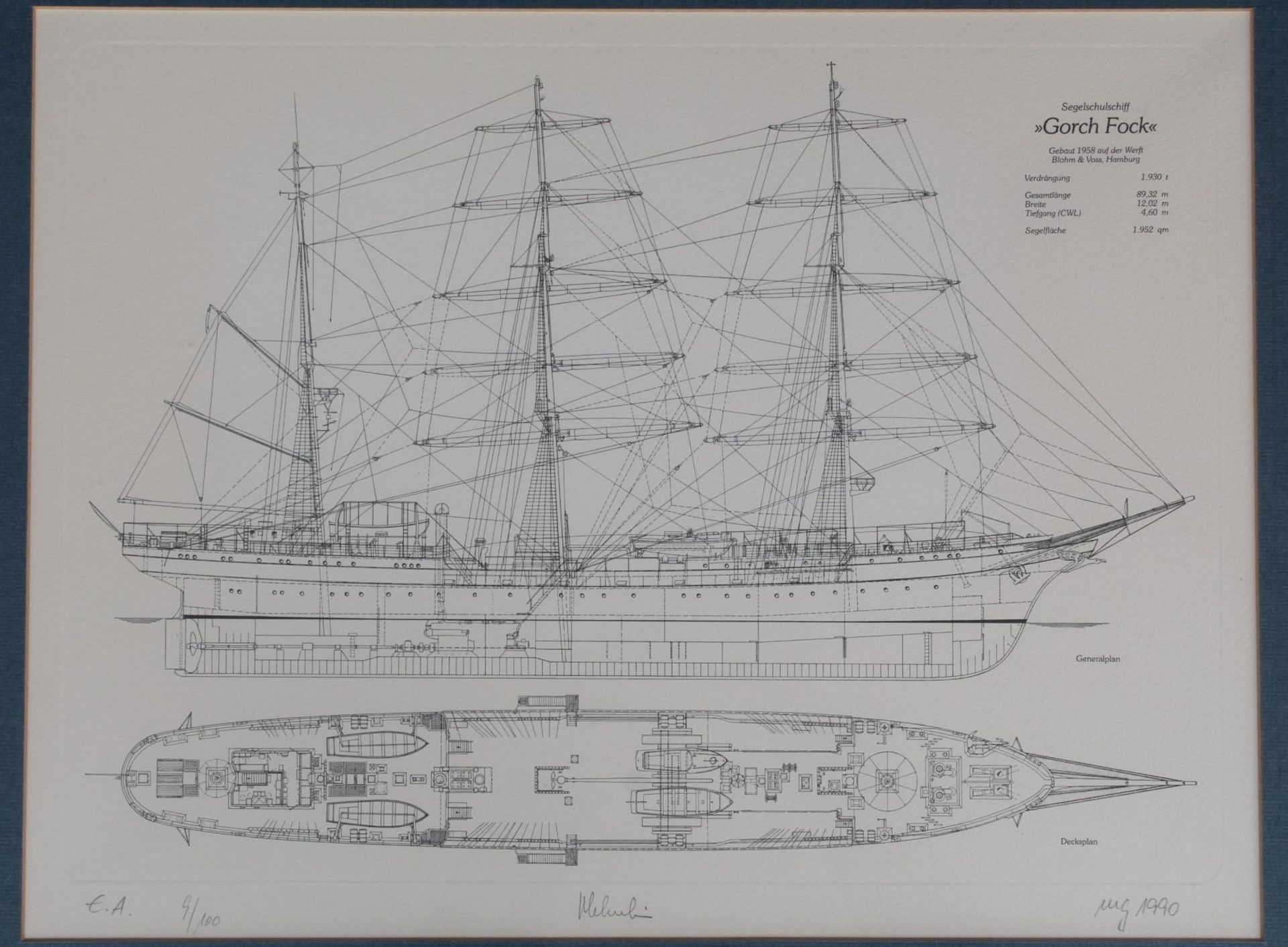 unleserl. sign. grosse Radierung "Gorch Fock" Decksplan+Generalplan, 9/100, E.A., ger/Glas, RG 58x70