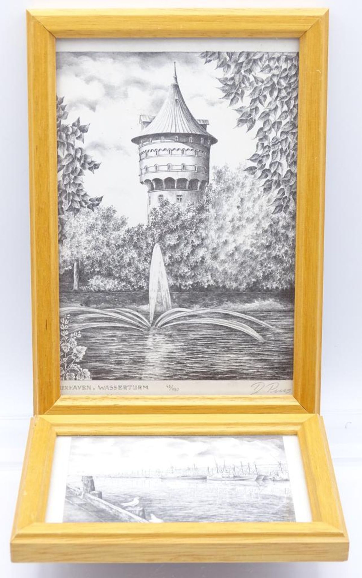 Zwei kl. Bilder Cuxhaven, Wasserturm/Fischereihafen, D.Puns, 16,5x11,5cm, 11,5x8,5cm