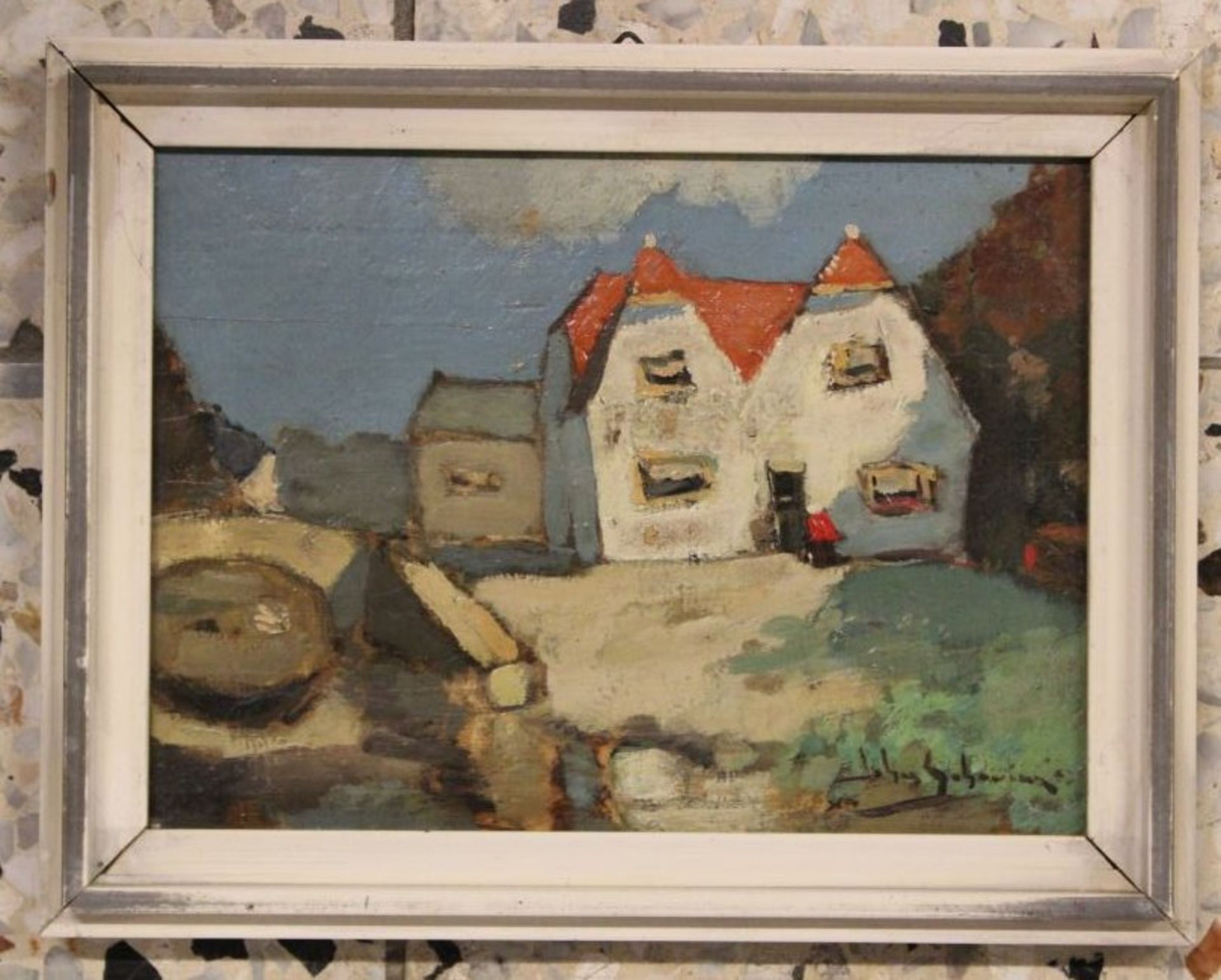 Johan SCHOUTEN (1910-1982), Hausansicht, Öl/Holz, gerahmt, RG 16 x 21cm. - Bild 3 aus 3