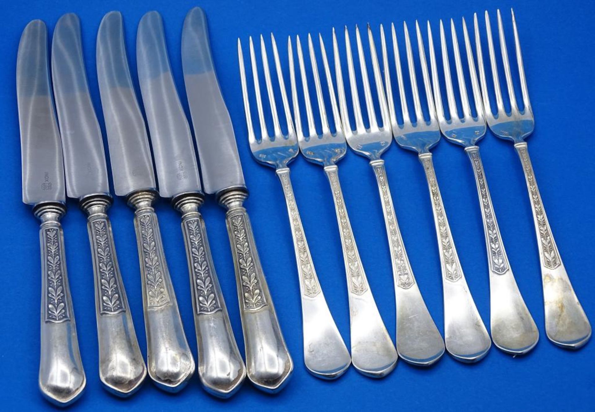 Dessert Besteck, Silber 800/000, 11 tlg.,6x Gabeln und 5 Messer, L- 17,5-21cm,Gabeln zus.241gr.