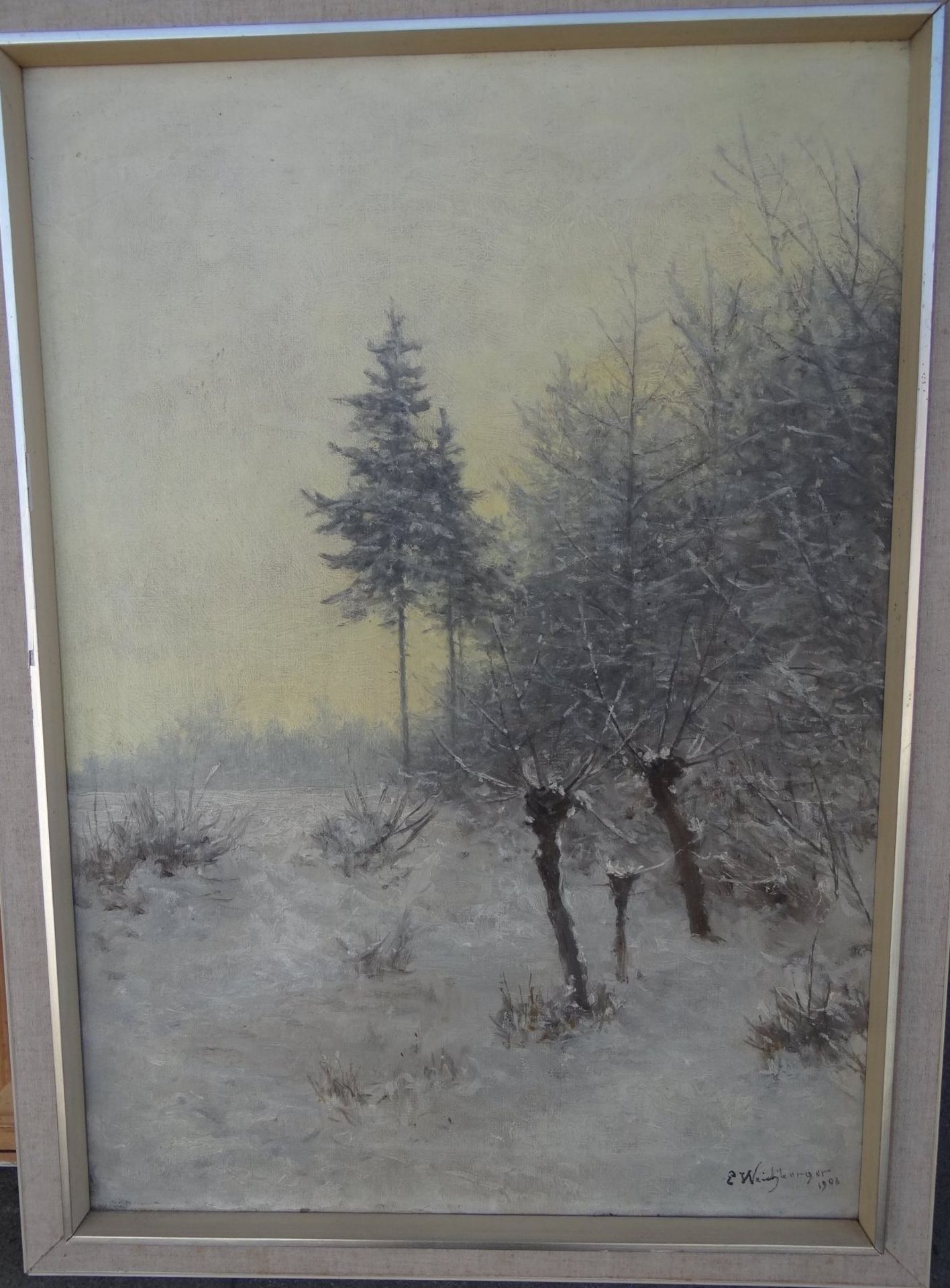 *Eduard WEICHBERGER (1843-1913), 1908 "Wintertag" betitelt, verso Ausstellungsetikett, Öl/Leinen, - Bild 2 aus 6