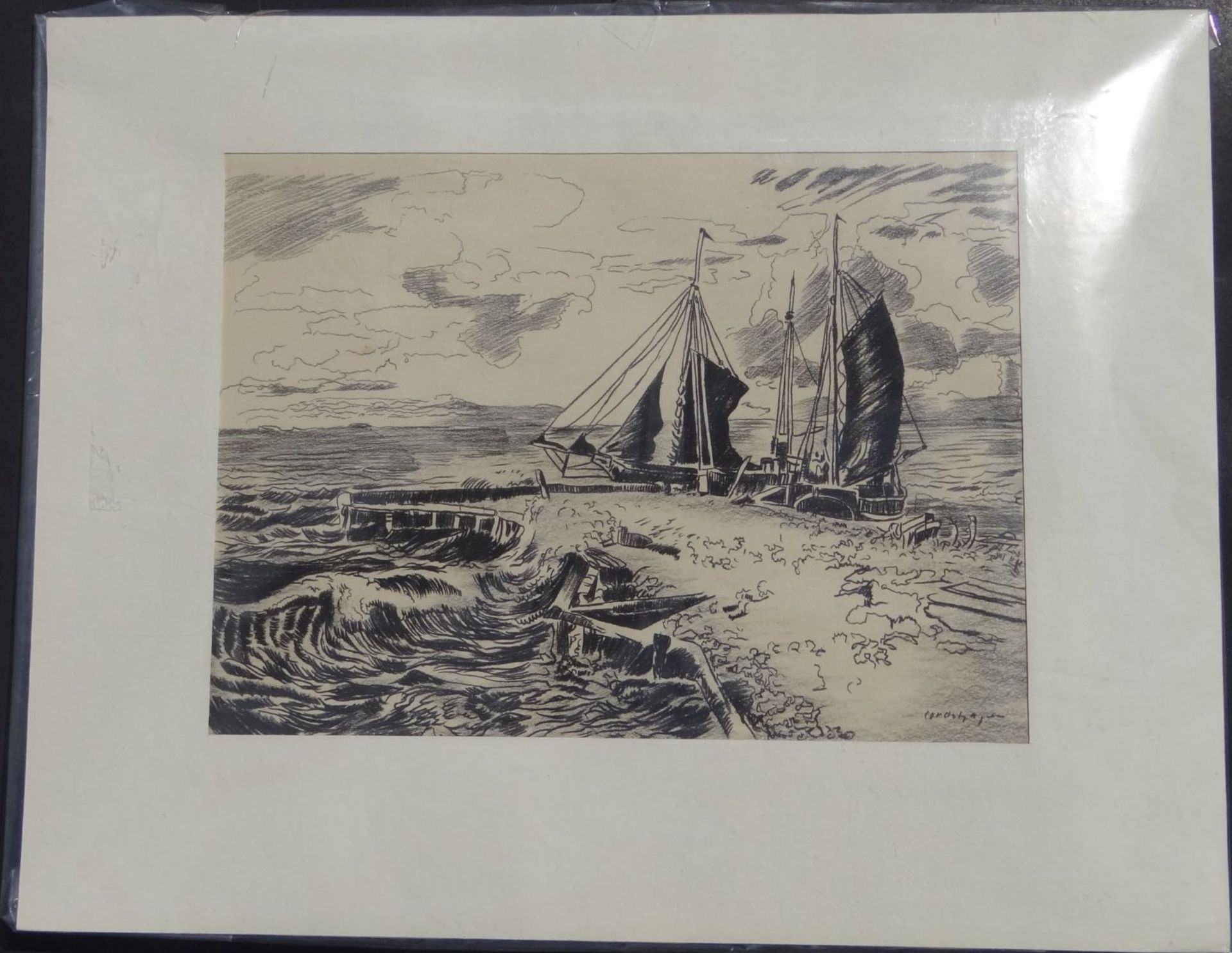 unleserl. signierte Federzeichnung "Boote am Ufer", BG 31x40 cm - Bild 2 aus 5