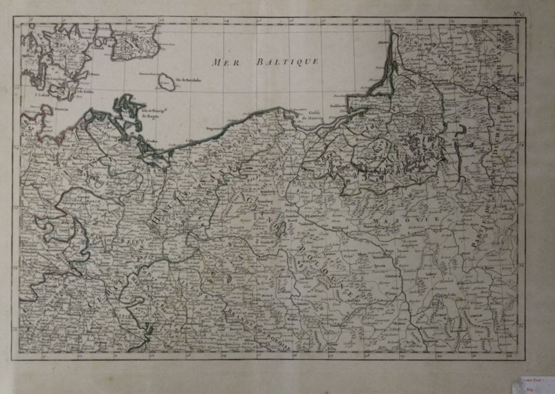 grenzcolorierte Landkarte "Baltisches Meer", ger/Glas, RG 40x57 cm, mittig Falz, 18/19.Jhd..