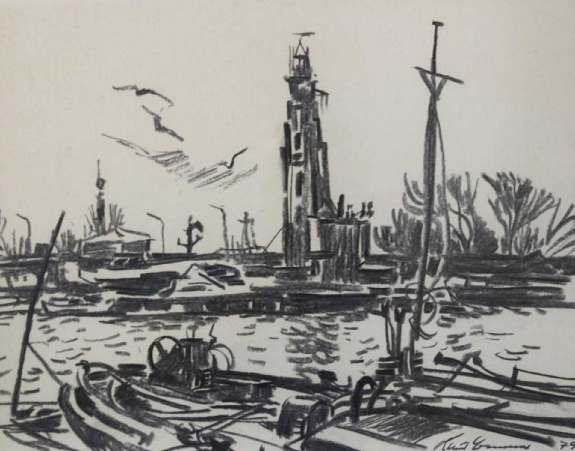 Klaus BEMMER (1921-1979), Kanalansicht mit Booten, Zeichnung , ger./Glas, RG 54 x 62cm.