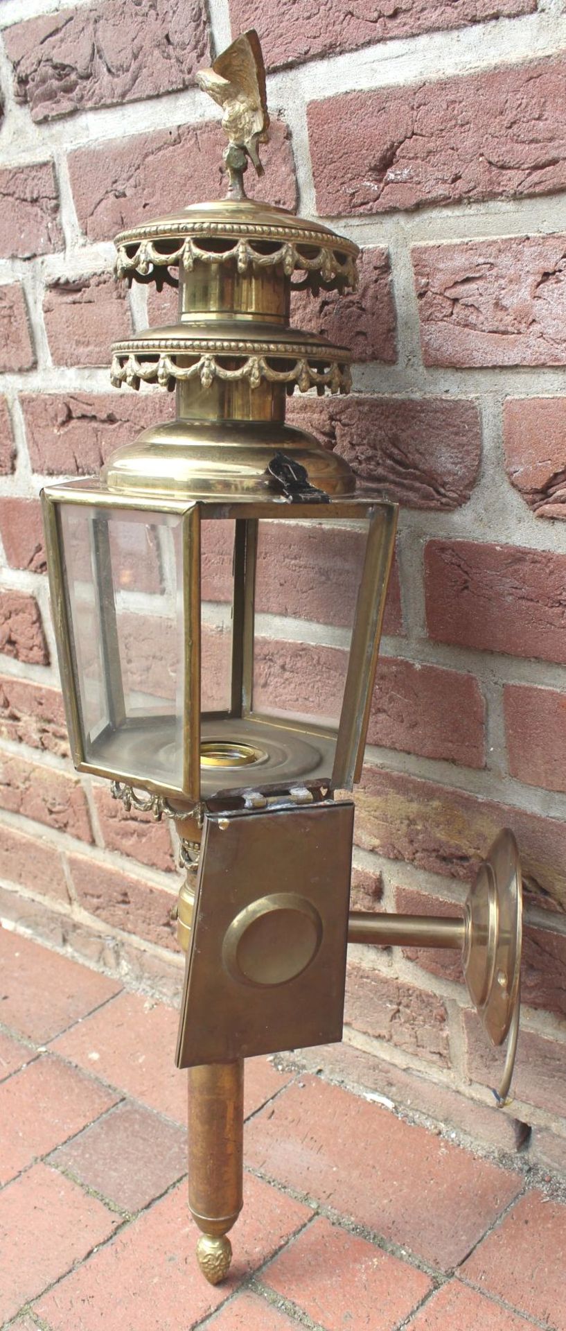 grosse, massive Kutschenlampe, Messing/Bronze, H-75 cm, B-28 cm, elektrisch, guter Zustand - Bild 8 aus 9