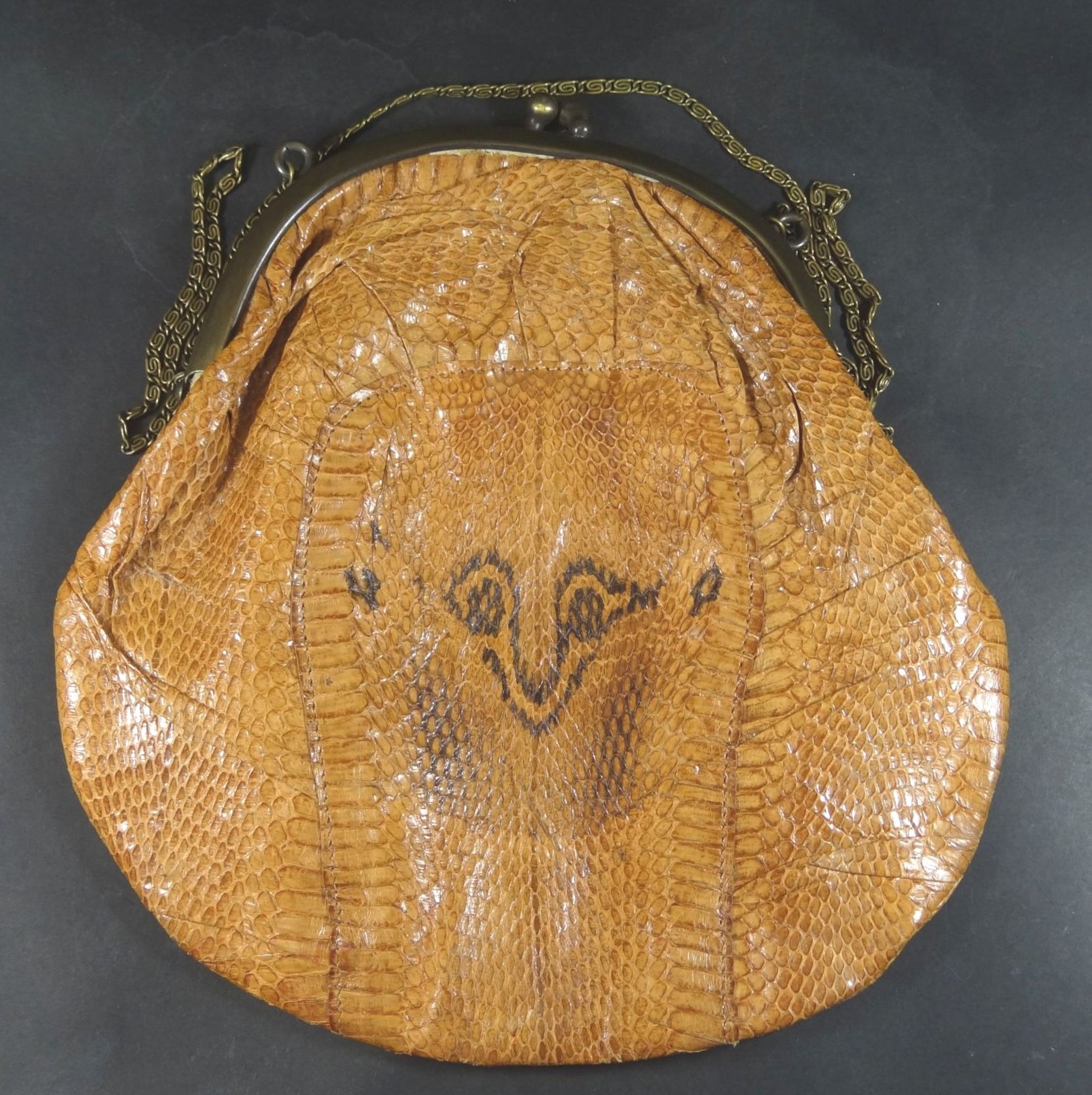 Reptilienleder-Handtasche, älter, 25x25 cm, Messingbüg