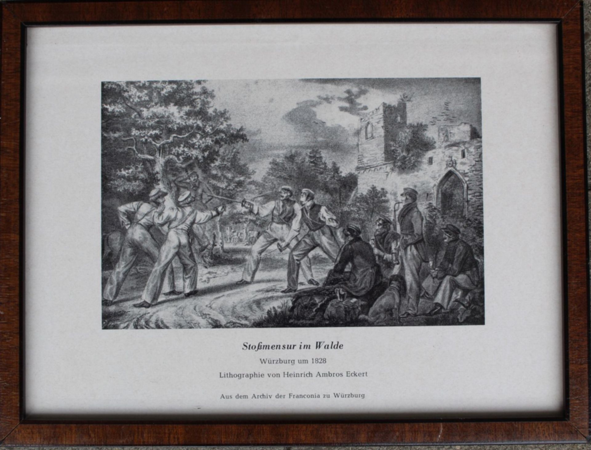 kl. Kunstdruck "Stoßmensur im Walde" Würzburg um 1828, ger/Glas, 17x23 - Image 2 of 2