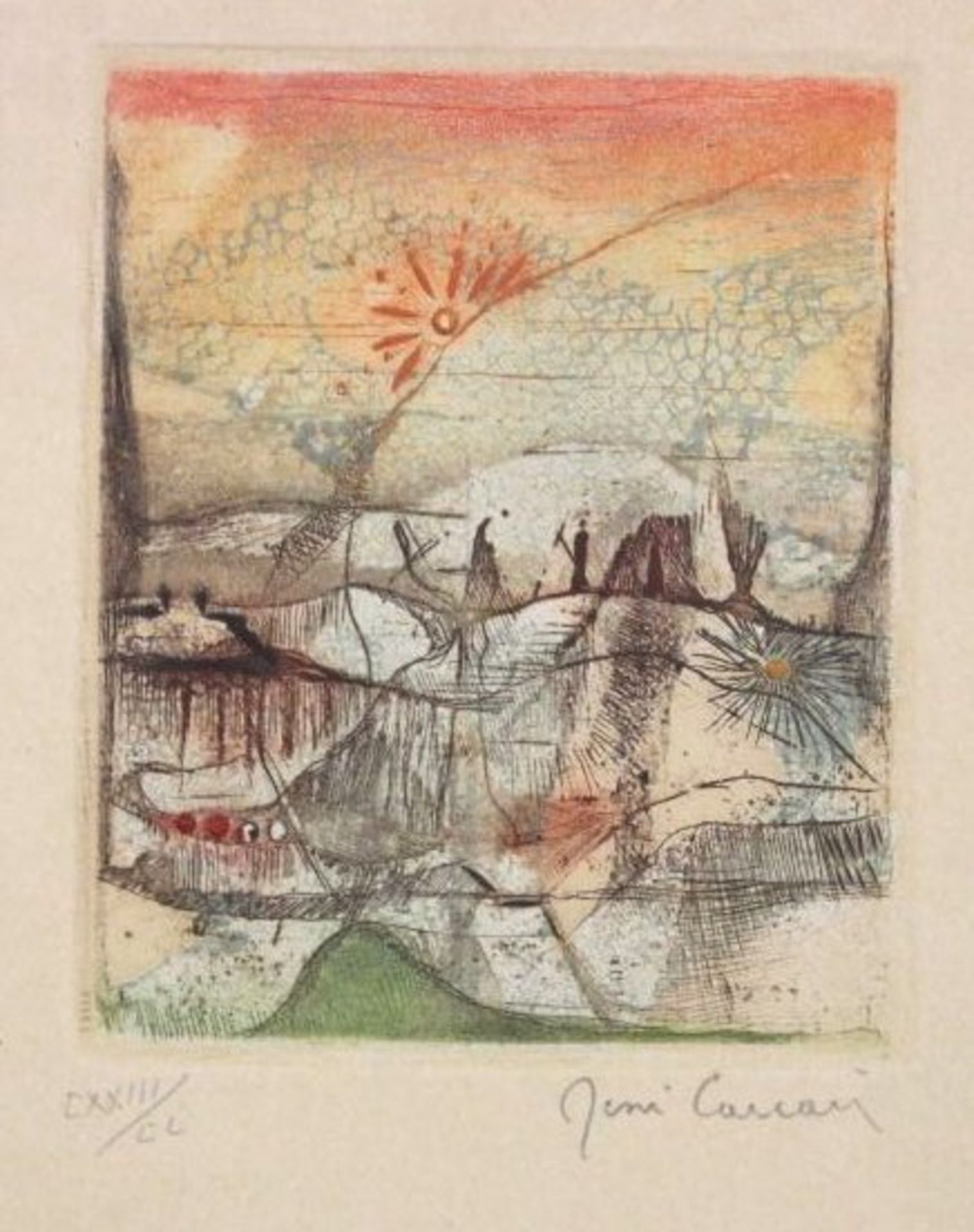 René CARCAN (1925-1993), Surealistische Landschaft, Farbradierung, gerahmt/Glas, RG 33 x 25cm, MG 12