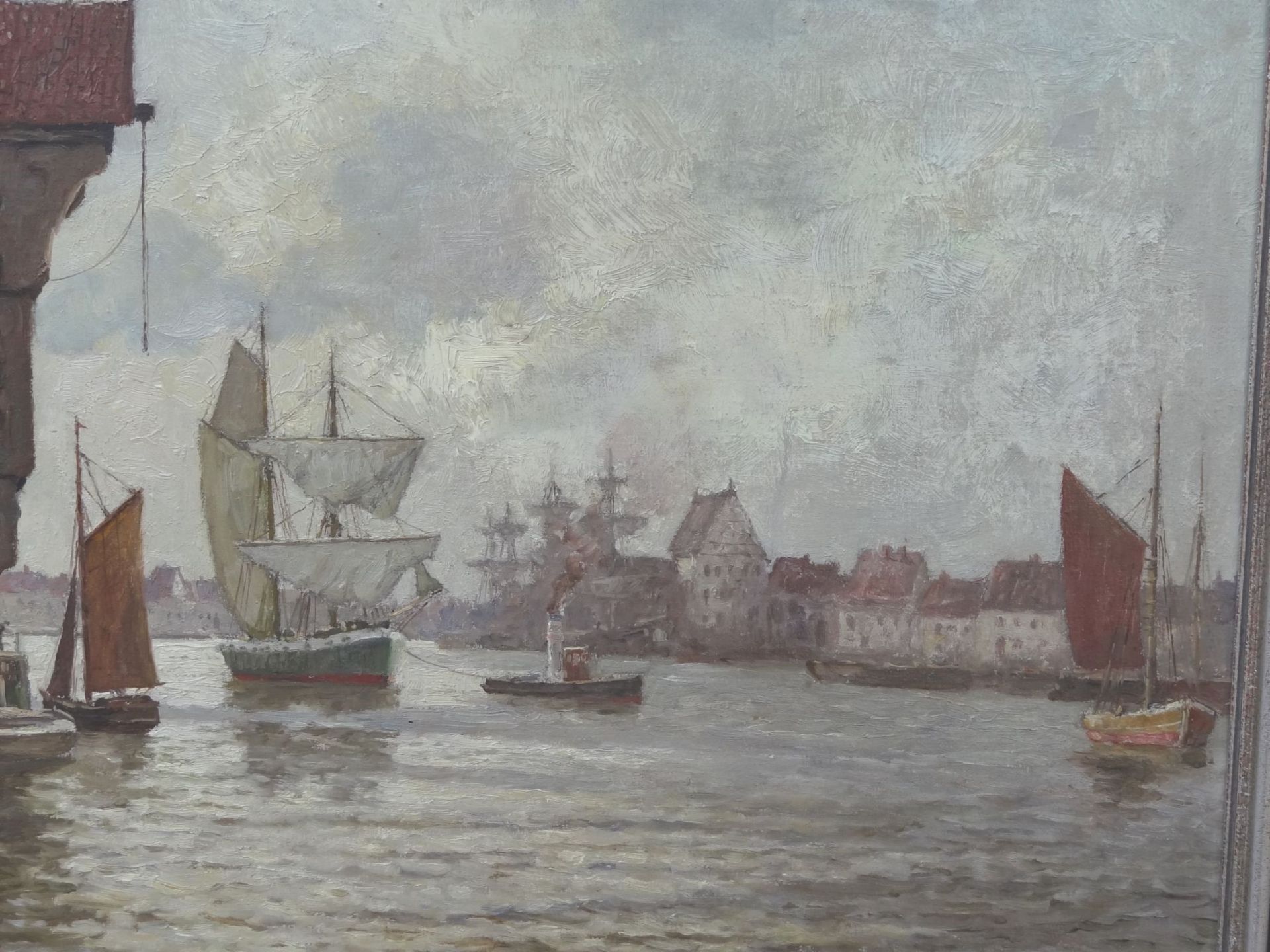 unleserlich signiert "Danziger Hafen mit Segelschiffen", Öl/Leinen, gerahmt, RG 61x81 c - Bild 4 aus 6