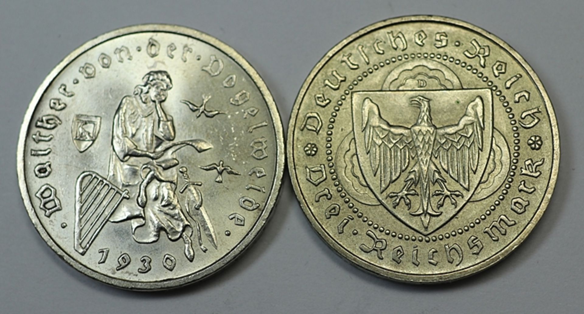 3 Reichsmark, Deutsches Reich, Vogelweide 1930 D+E, vz. zus. 29,87 gr. - Bild 2 aus 2