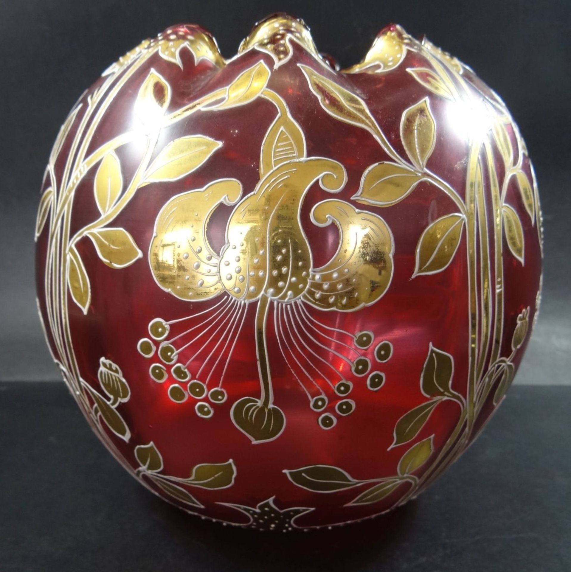 Kugelvase, rot mit massiven Golddekor, H-20 cm, D-20 cm - Bild 2 aus 5