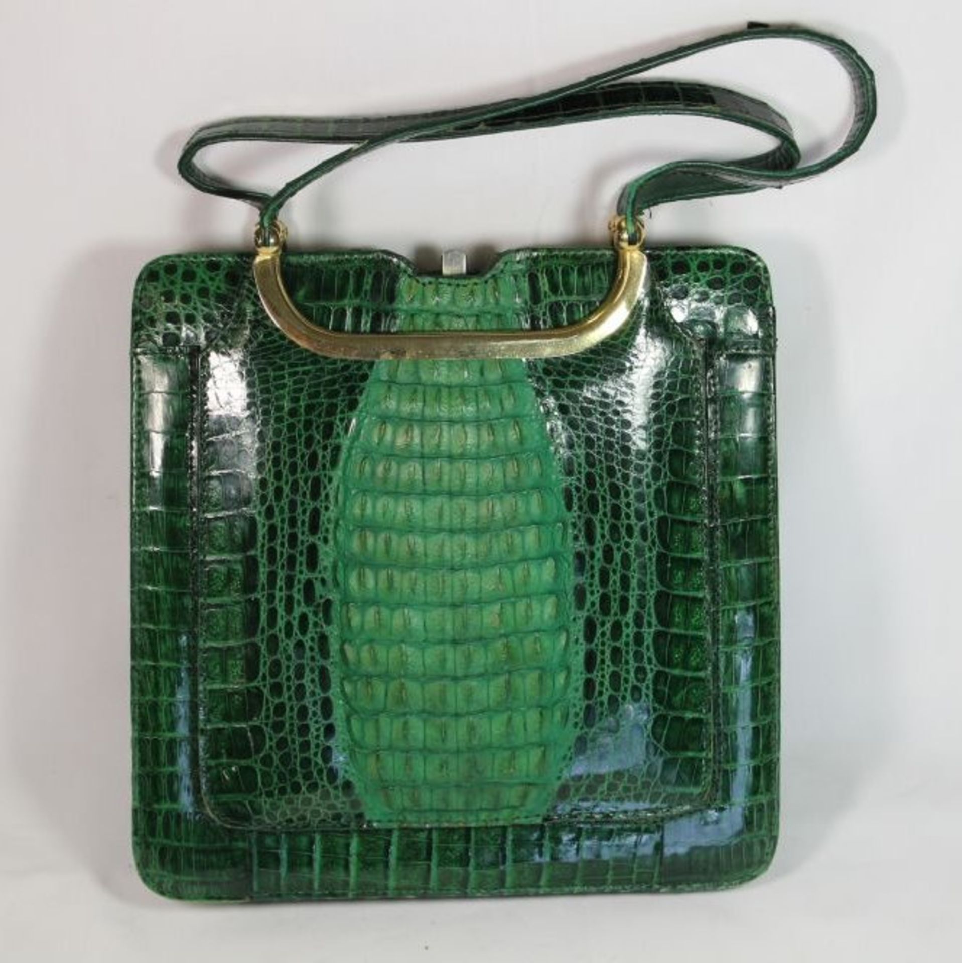 Krokolderhandtasche, grün, älter, Tragespuren, H-25,5 x 23,5cm