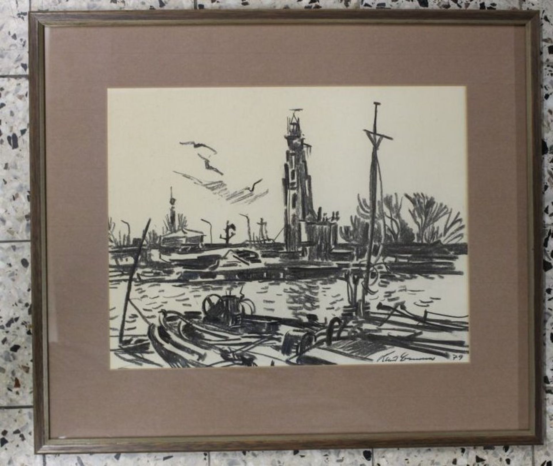 Klaus BEMMER (1921-1979), Kanalansicht mit Booten, Zeichnung , ger./Glas, RG 54 x 62cm. - Bild 3 aus 3