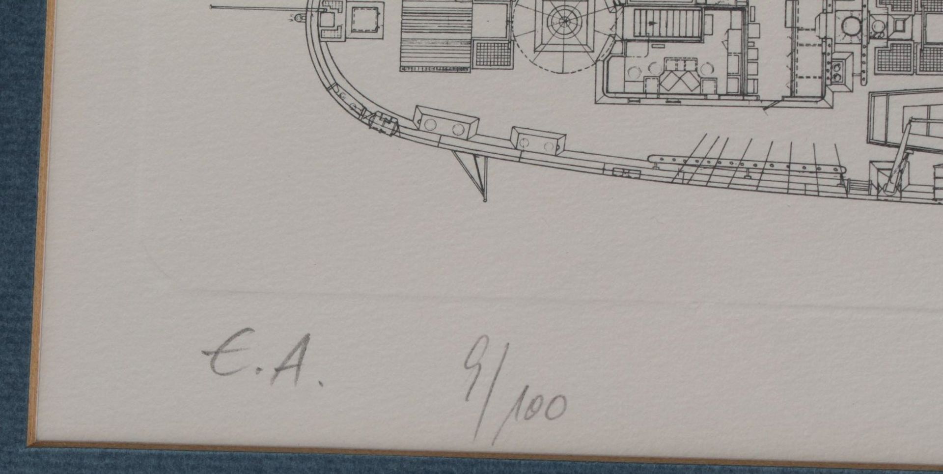 unleserl. sign. grosse Radierung "Gorch Fock" Decksplan+Generalplan, 9/100, E.A., ger/Glas, RG 58x70 - Bild 4 aus 8