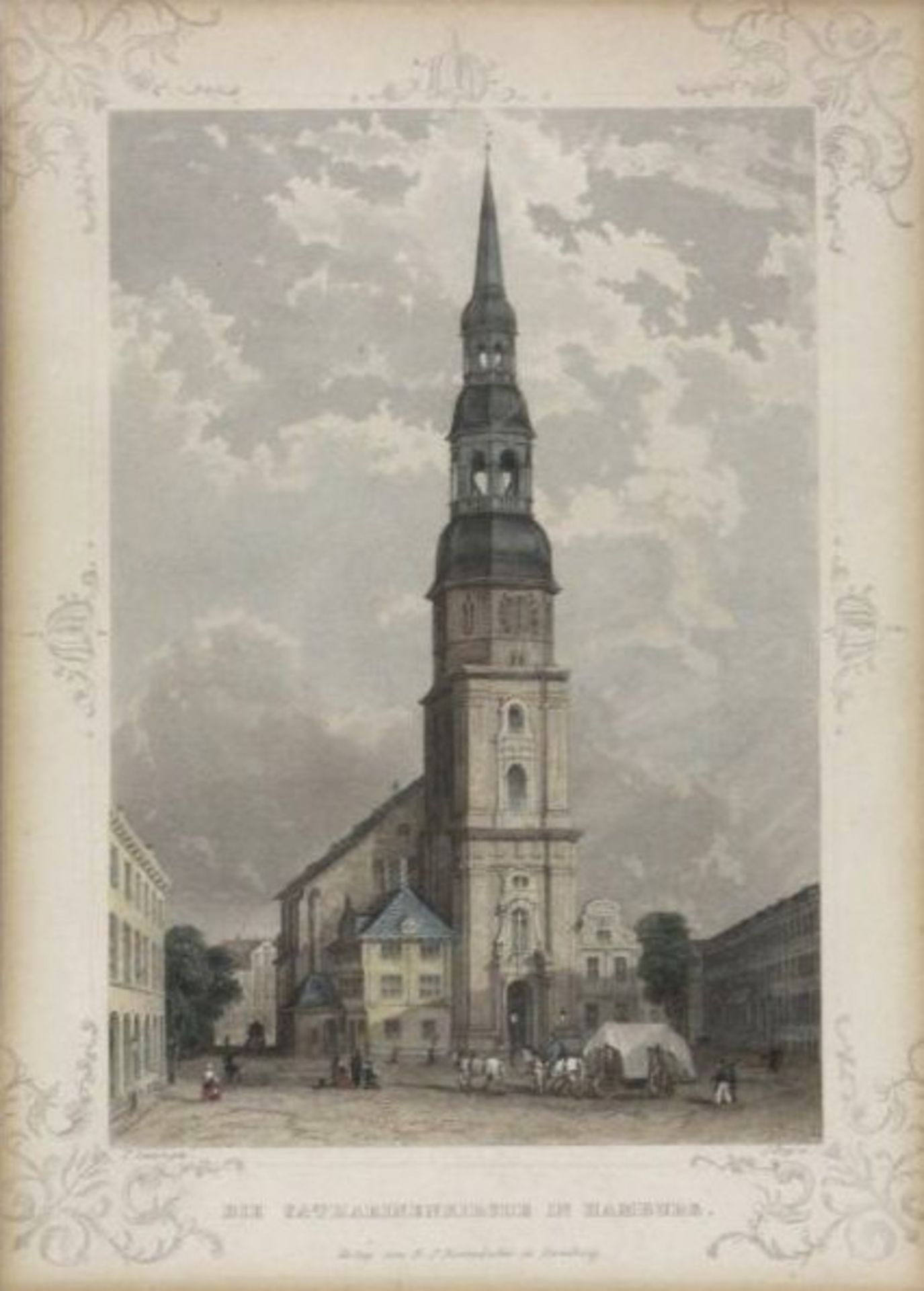 Stich um 1855, Catharinenkirche Hamburg, gerahmt/Glas, RG 32 x 25cm.