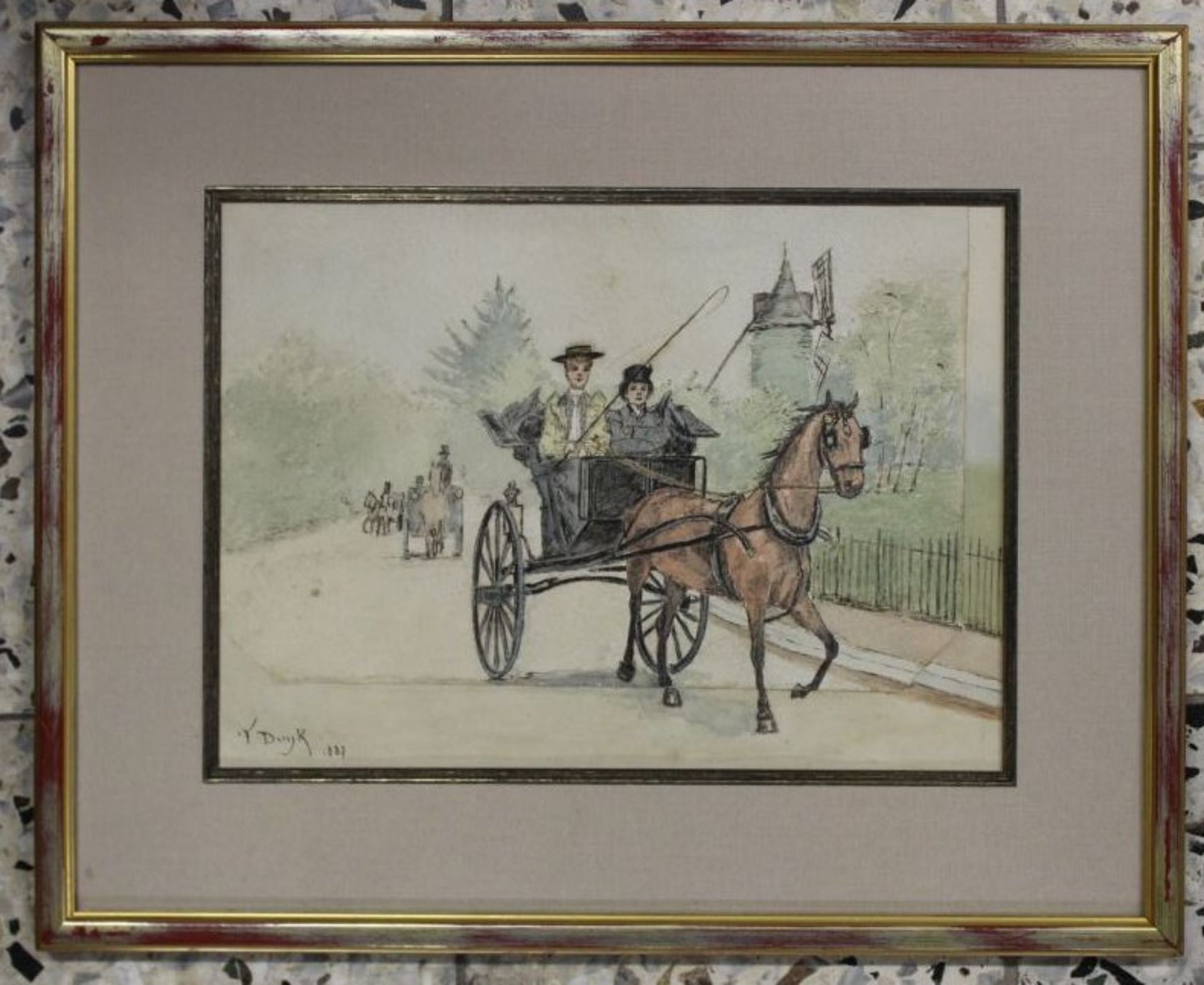 wohl François DUYK (XIX-XX), Kutschfahrt, Aquarell, datiert 1887, Blatt zweiteilig?, gerahmt/Glas, - Bild 3 aus 3