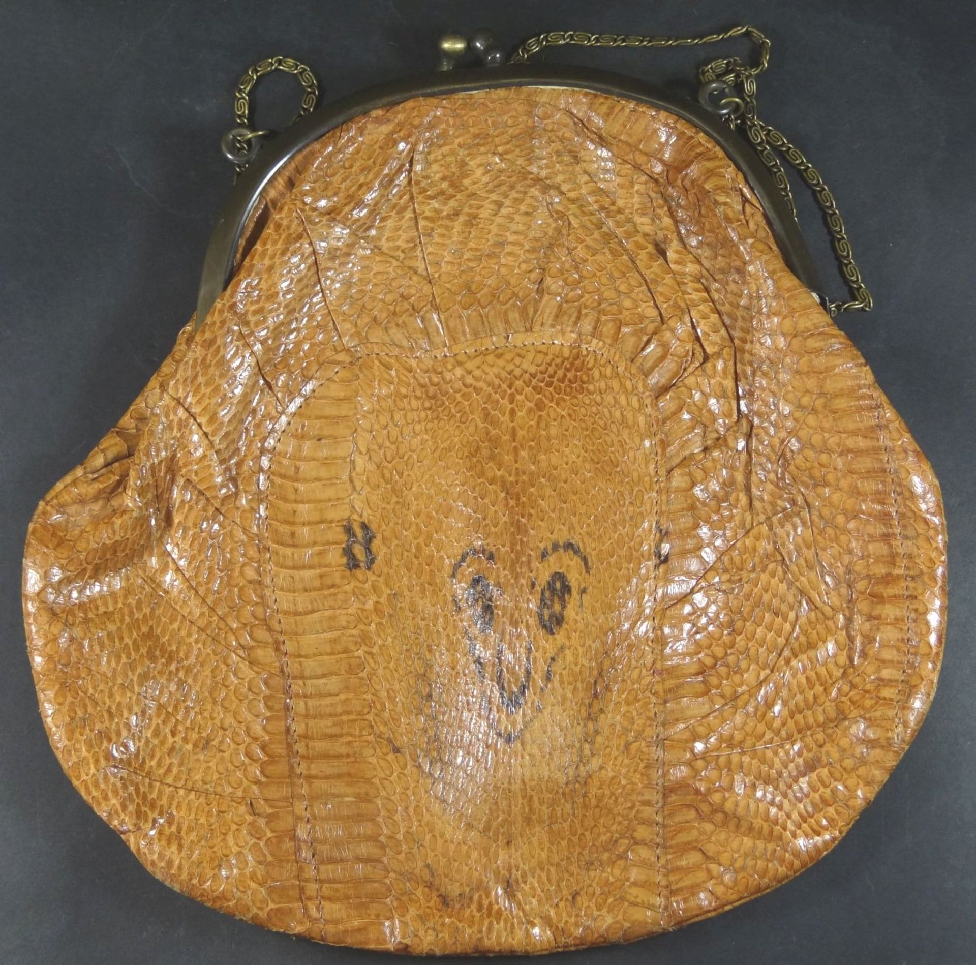 Reptilienleder-Handtasche, älter, 25x25 cm, Messingbüg - Bild 4 aus 4